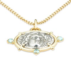 Helios Rhodian Ancient Silver Coin Pendant Aquamarine Yellow Gold Necklace