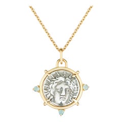 Collier en or jaune aigue-marine avec pendentif pièce de monnaie ancienne en argent Rhodien Helios