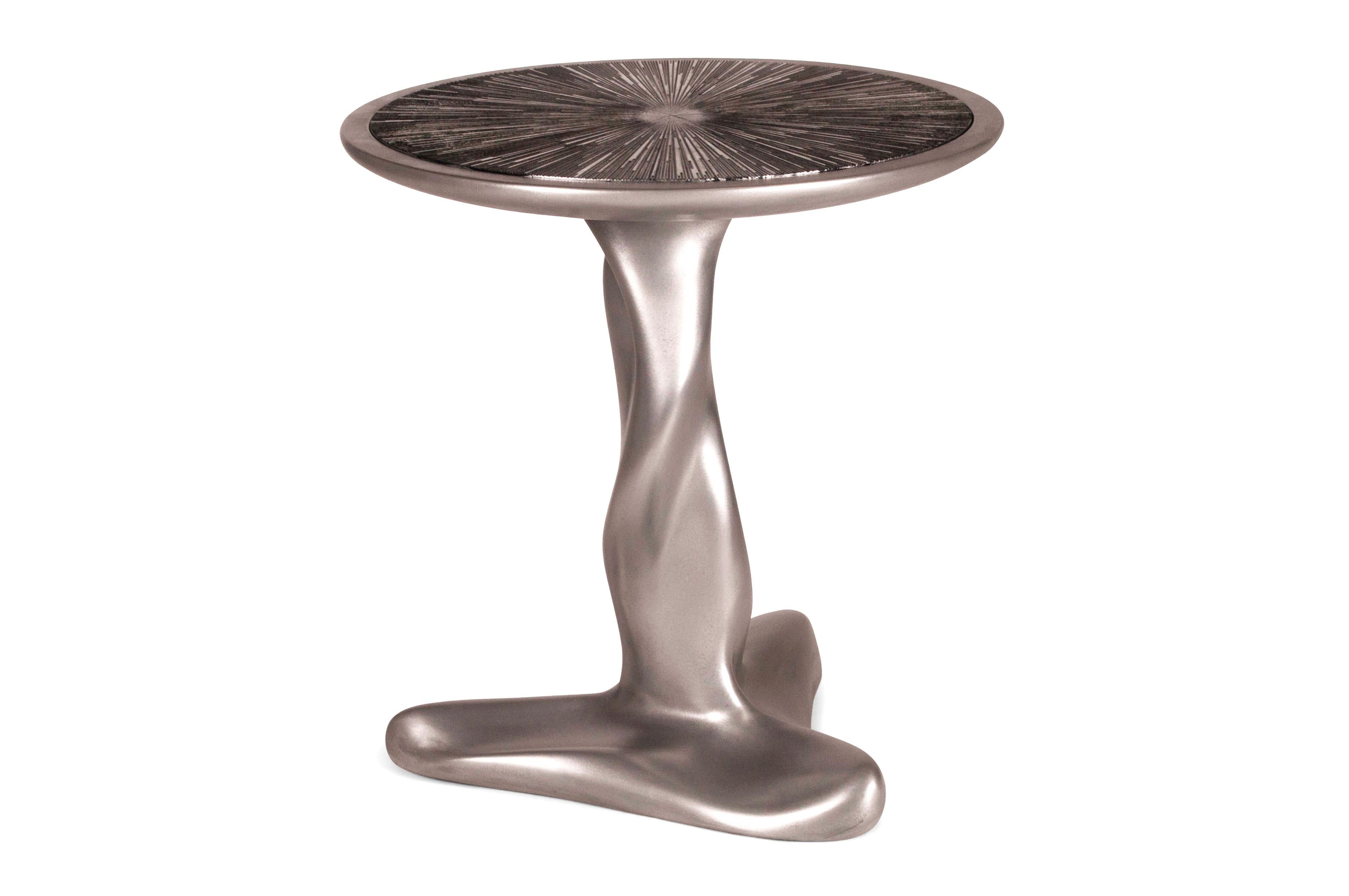 Modern Amorph Helios Side Table, Stainless Steel Finish, with Silver Leaf Top