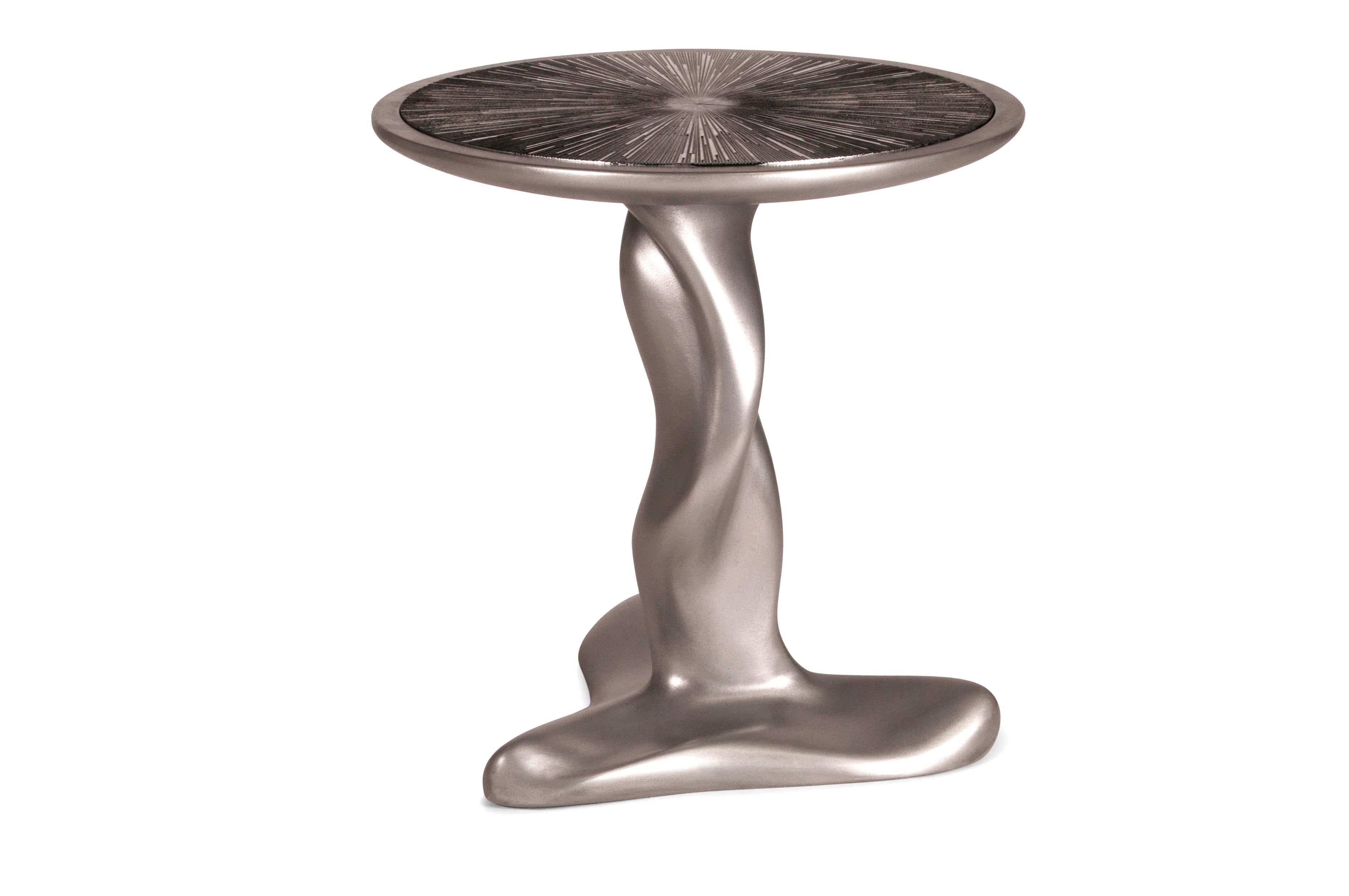 American Amorph Helios Side Table, Stainless Steel Finish, with Silver Leaf Top