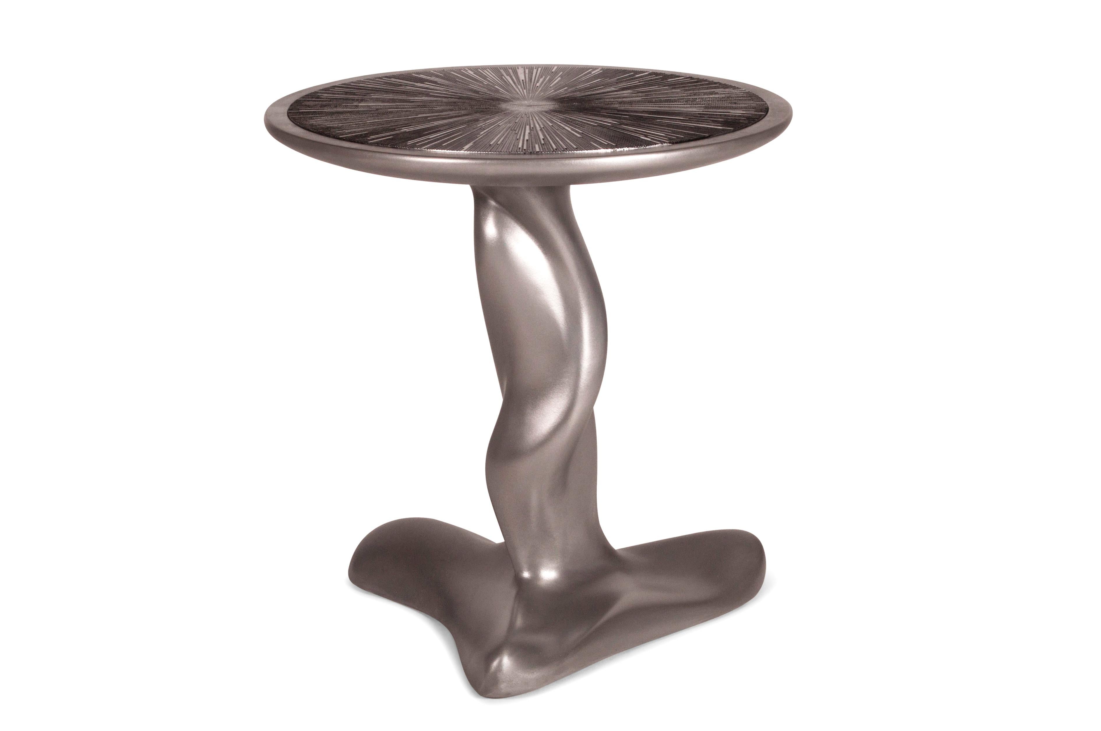 Carved Amorph Helios Side Table, Stainless Steel Finish, with Silver Leaf Top