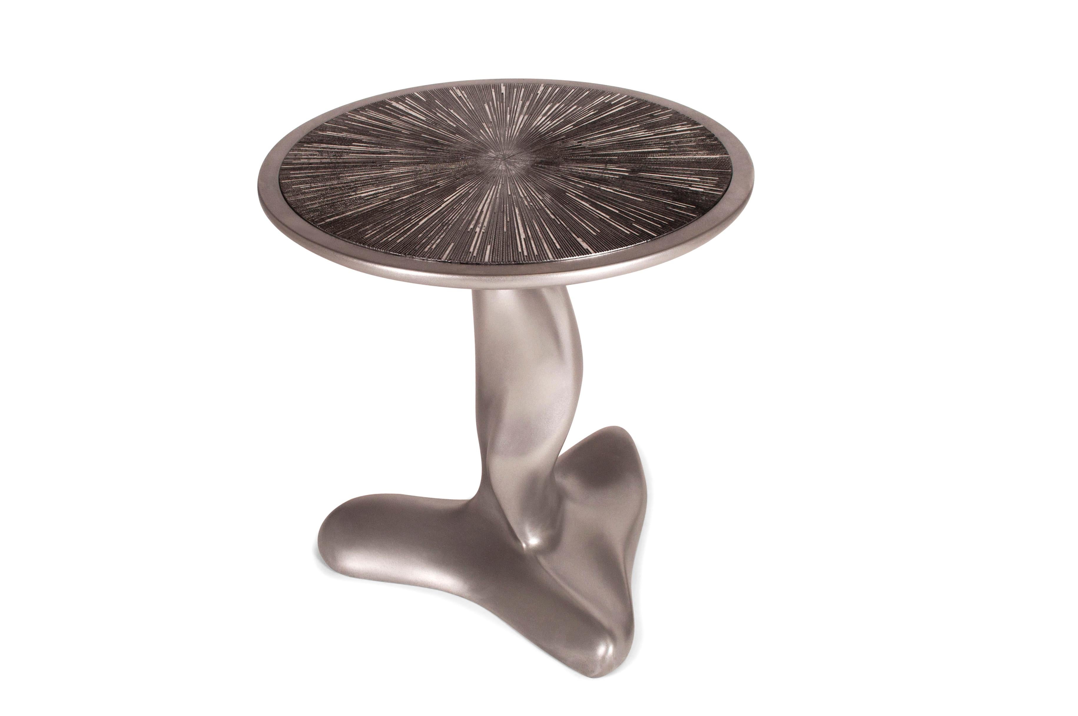 Amorph Helios Side Table, Stainless Steel Finish, with Silver Leaf Top In New Condition In Los Angeles, CA