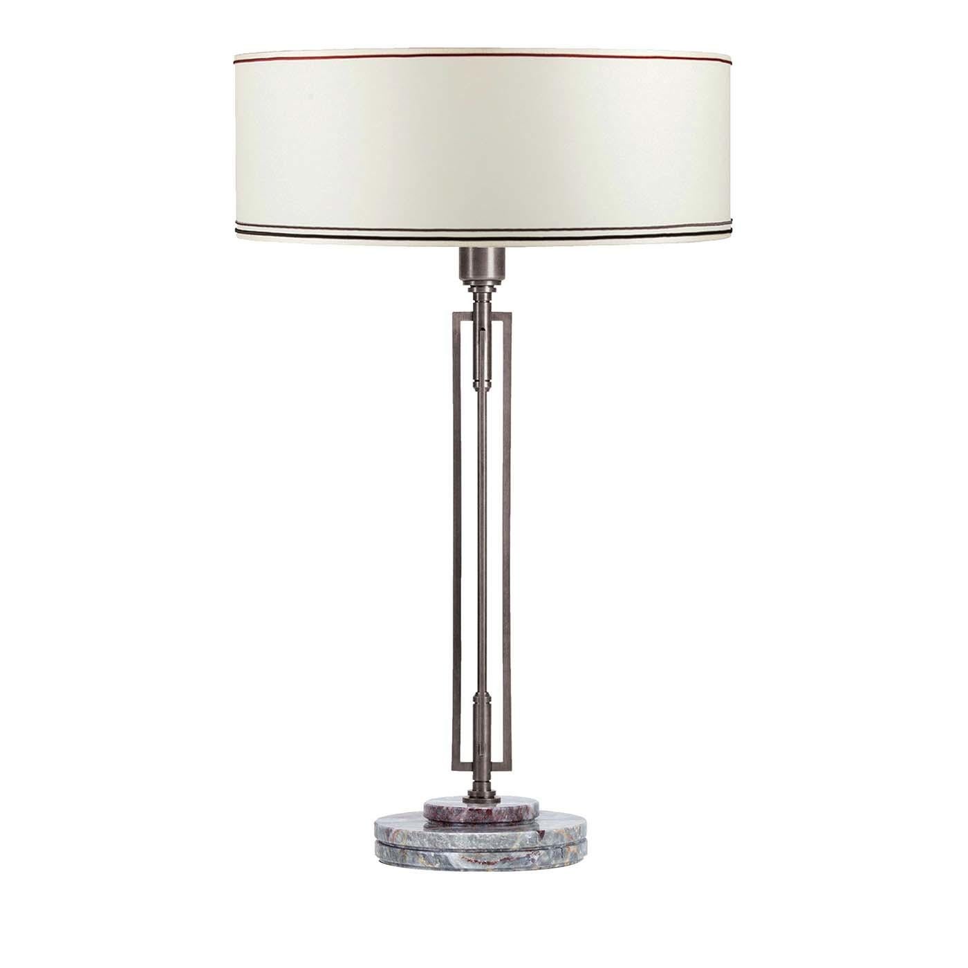 Blending chic flair with a touch of traditional appeal, this design will enliven any interior decor. Composed of a circular base made of SalomÃ marble, the steel structure is formed by a slender rod accented with an open rectangular decoration. The
