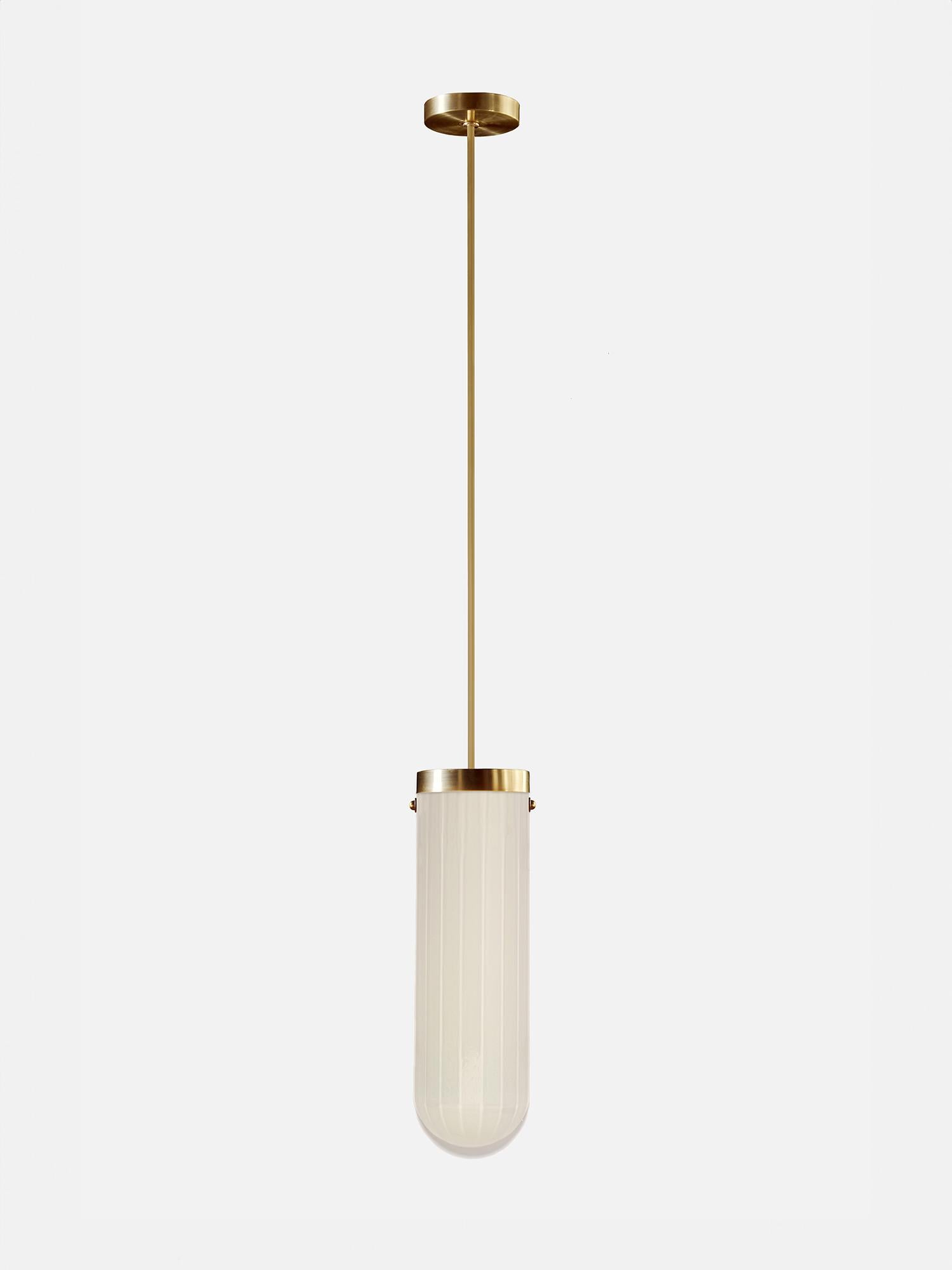 Helios Streamline Moderne Inspired Blown Glass and Brass Pendant Lamp For Sale