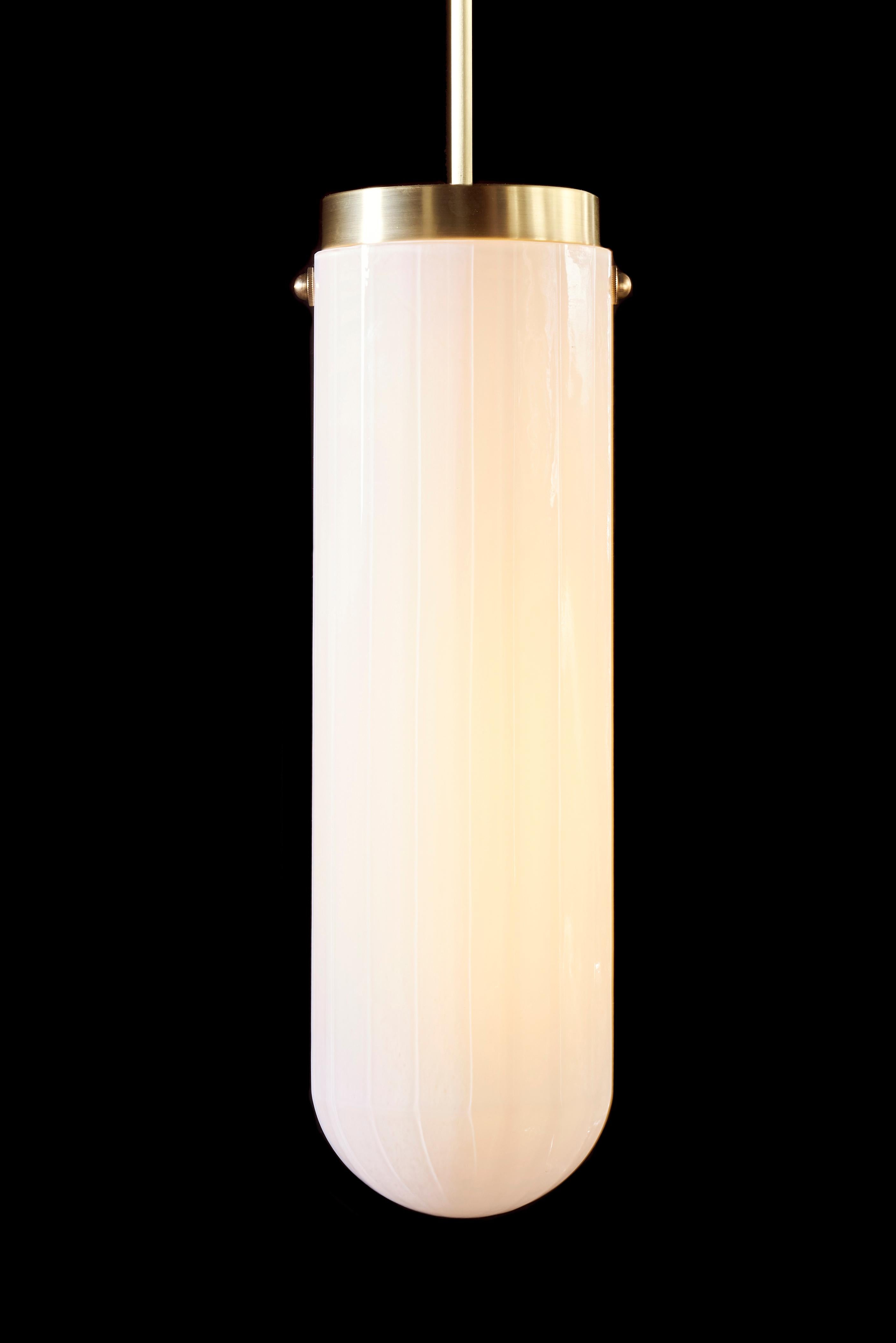 Streamlined Moderne Helios Streamline Moderne Inspired Blown Glass and Brass Pendant Lamp For Sale