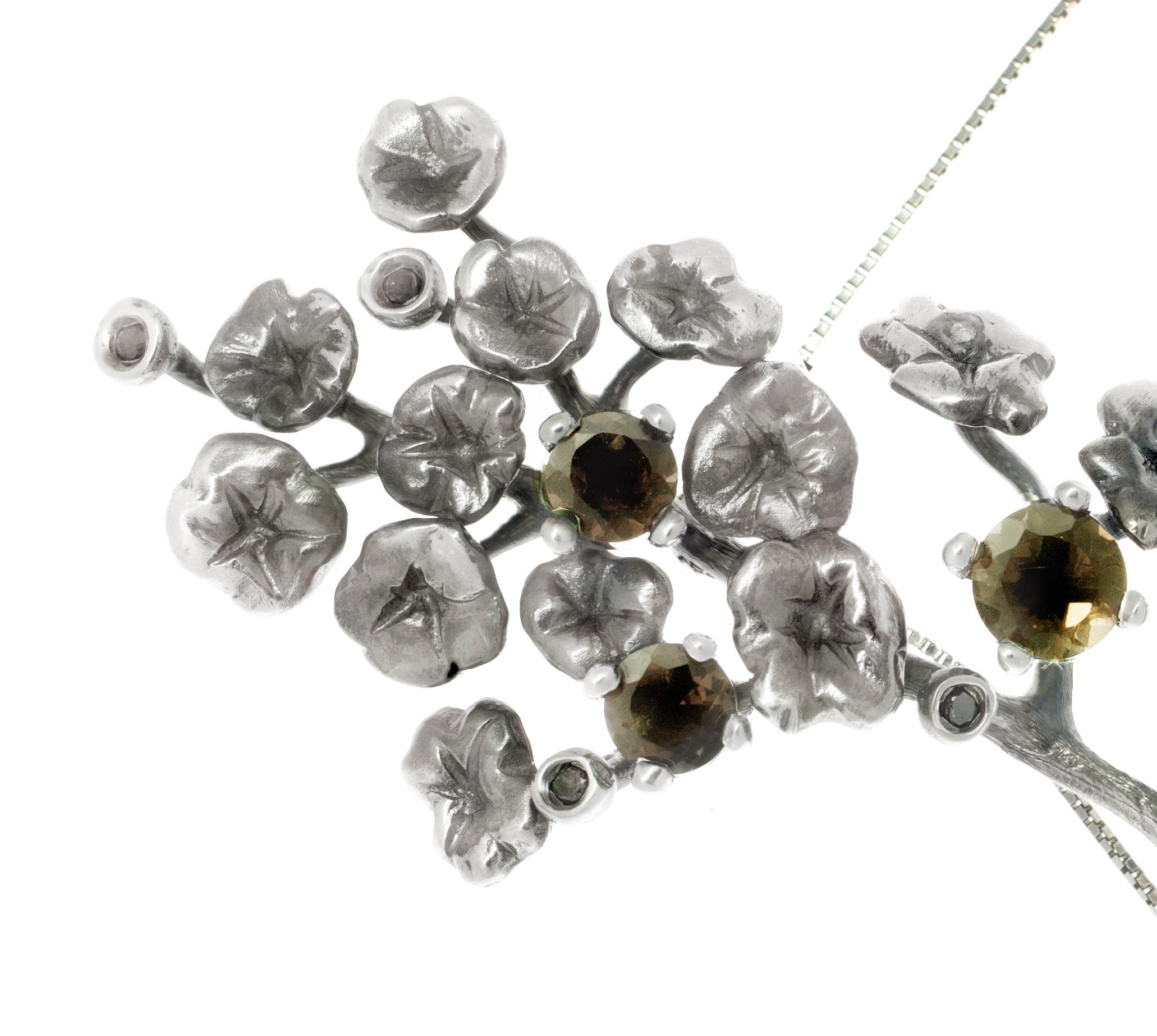 Heliotrope-Halskette mit Anhänger aus Sterlingsilber mit Diamanten und Rauchquarzen (Rundschliff) im Angebot