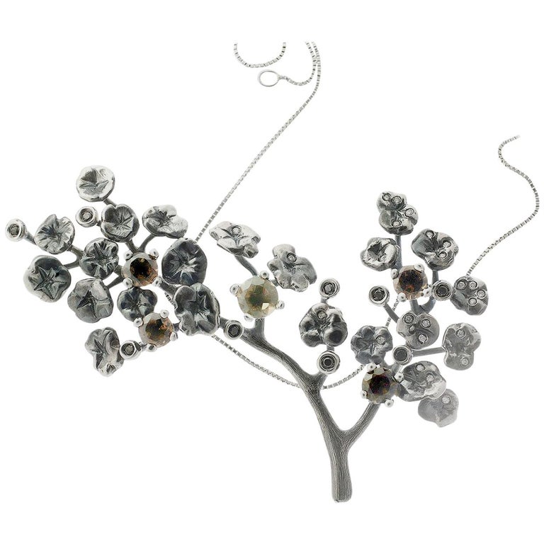 Heliotrope Necklace with 34 Diamonds and 5 Smoky Quartzes, Designed by Artist For Sale
