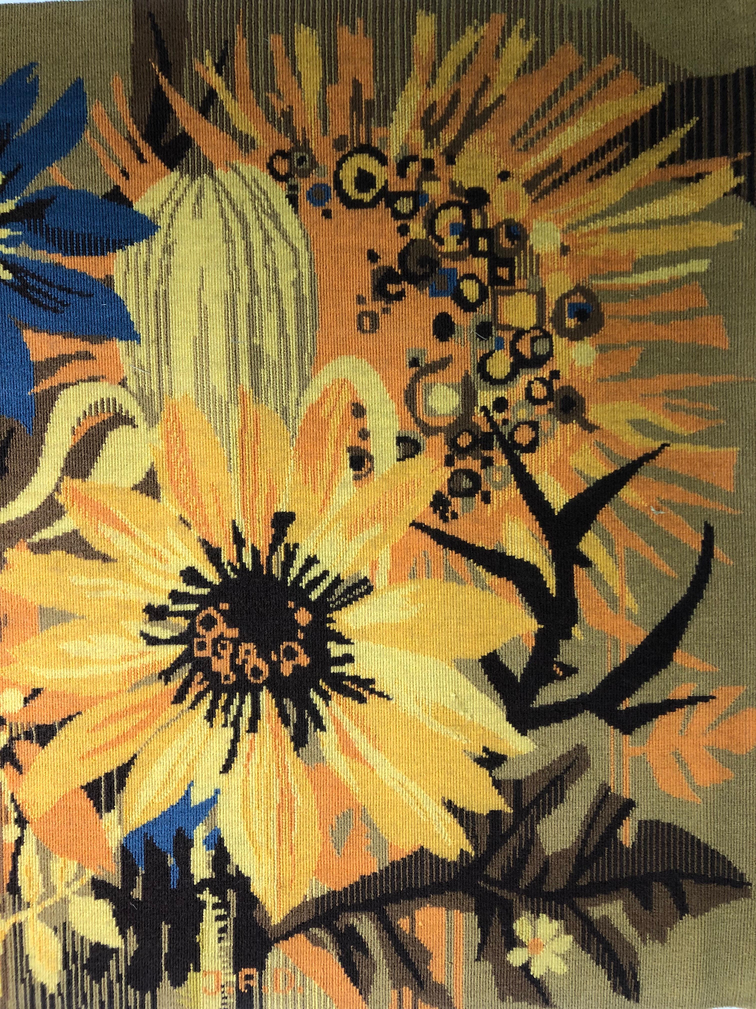 Tapestry in “pure laine vierge” signed by Hervé Lelong
Entitled “Heliotrope”
Depicting a colorful flowers scene in the style of J.Lurcat
Hand woven wool 

