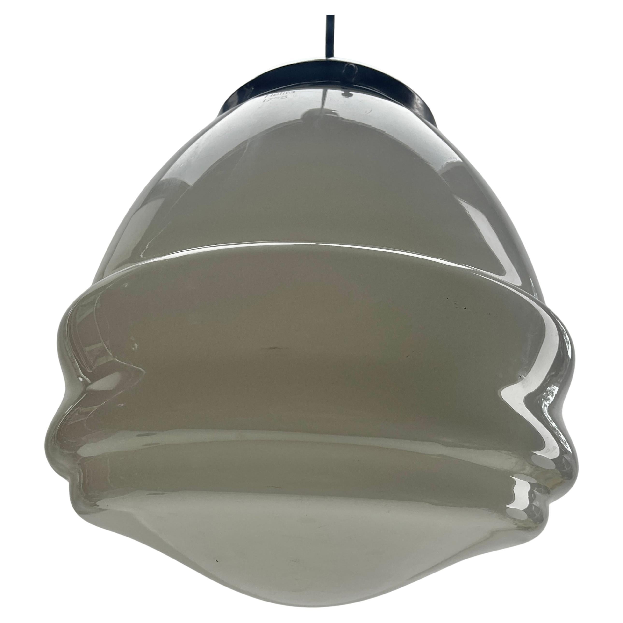 Metalwork Helite Pendant Lamp with a Opaline Shade and Chrome Fittings, 1930s