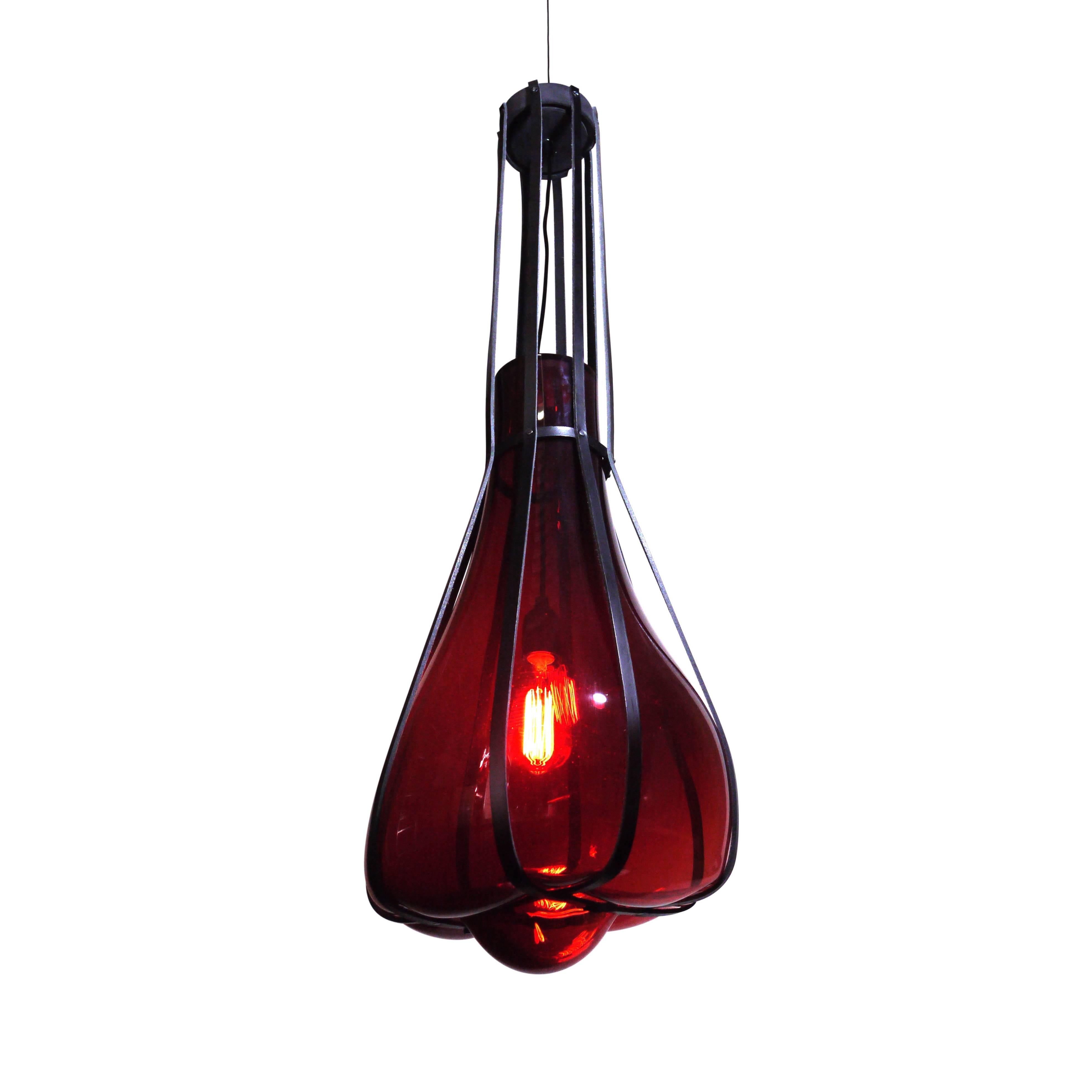 Modern Helium Hand Blown Glass Pendant Light with Leather Straps Contemporary For Sale