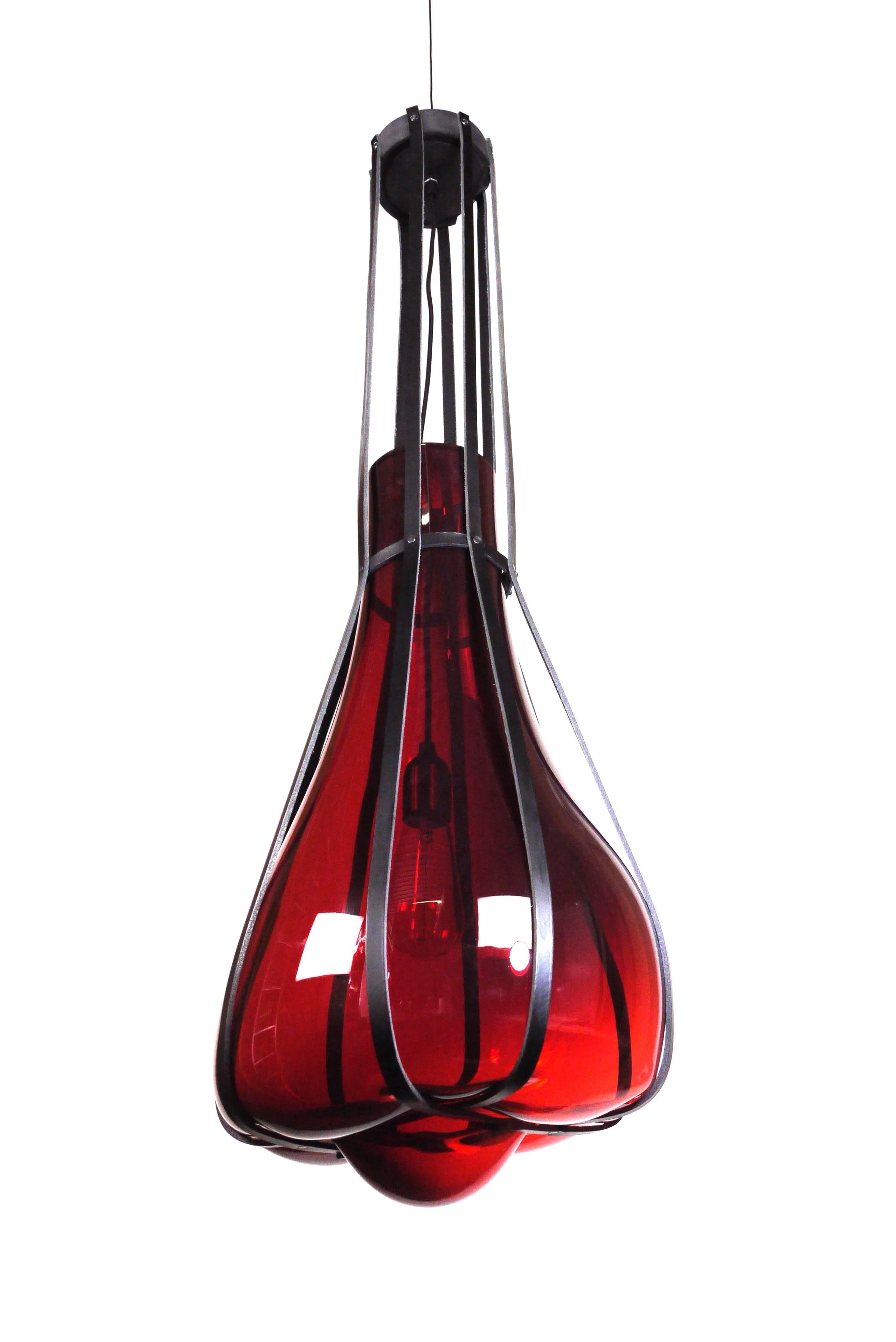 French Helium Hand Blown Glass Pendant Light with Leather Straps Contemporary For Sale
