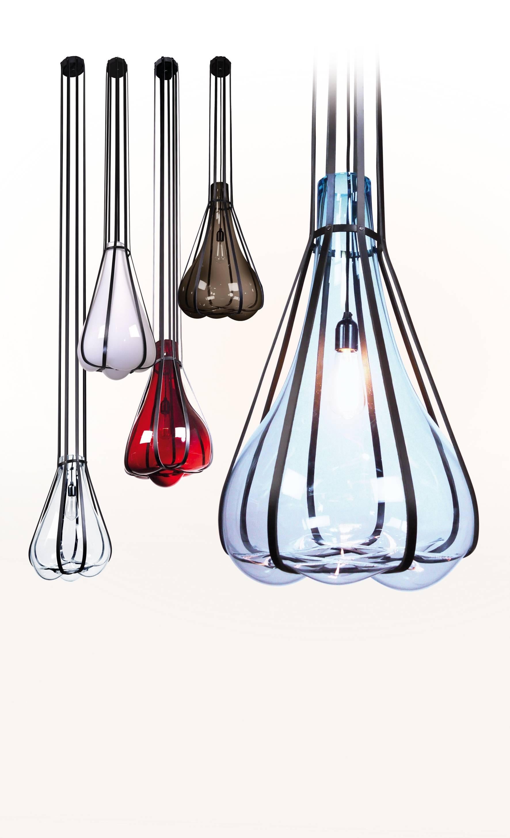 Helium Hand Blown Glass Pendant Light with Leather Straps Contemporary In New Condition For Sale In Westport, CT