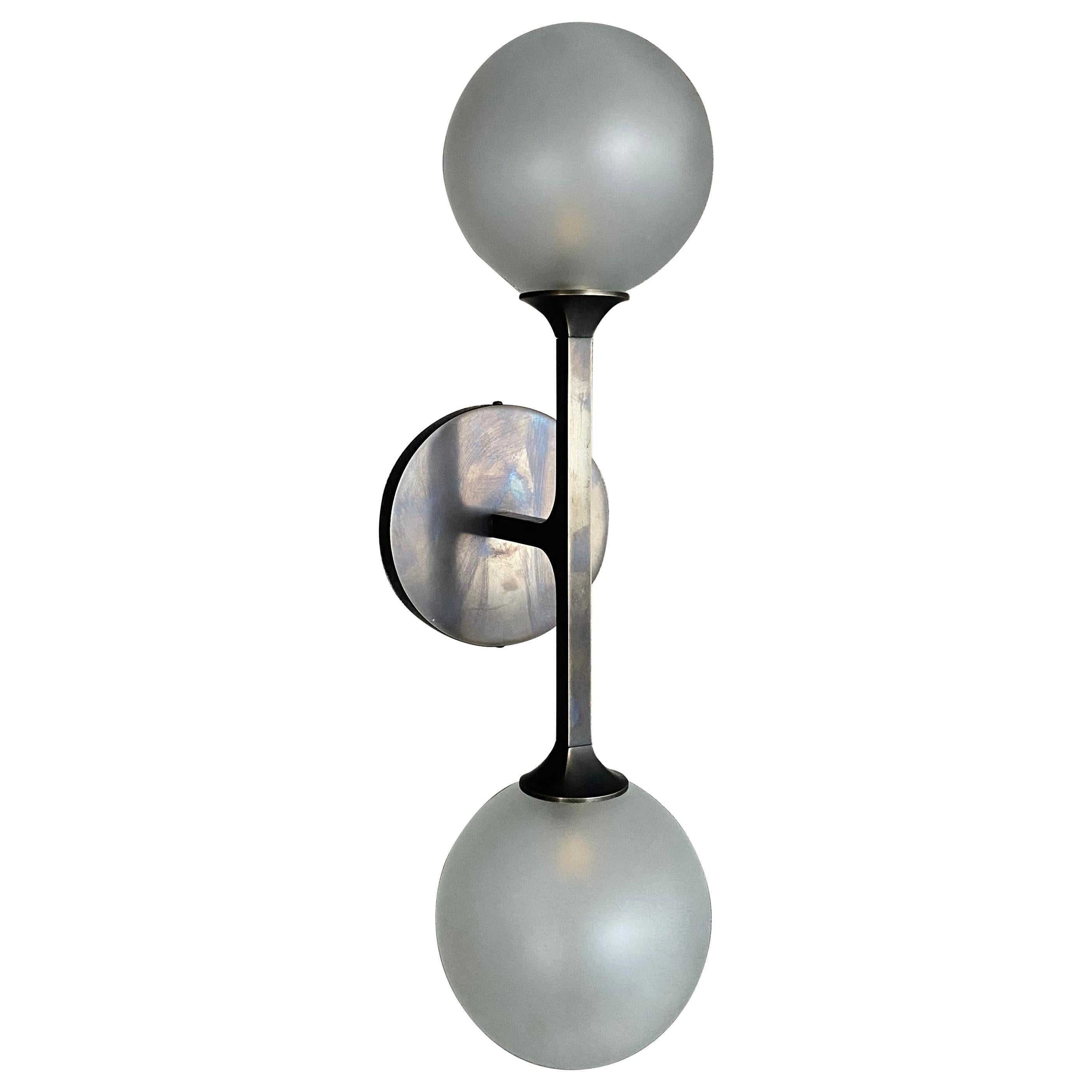 Helix Double Sconce, Medium Patinated Brass and Frosted Hand Blown Glass