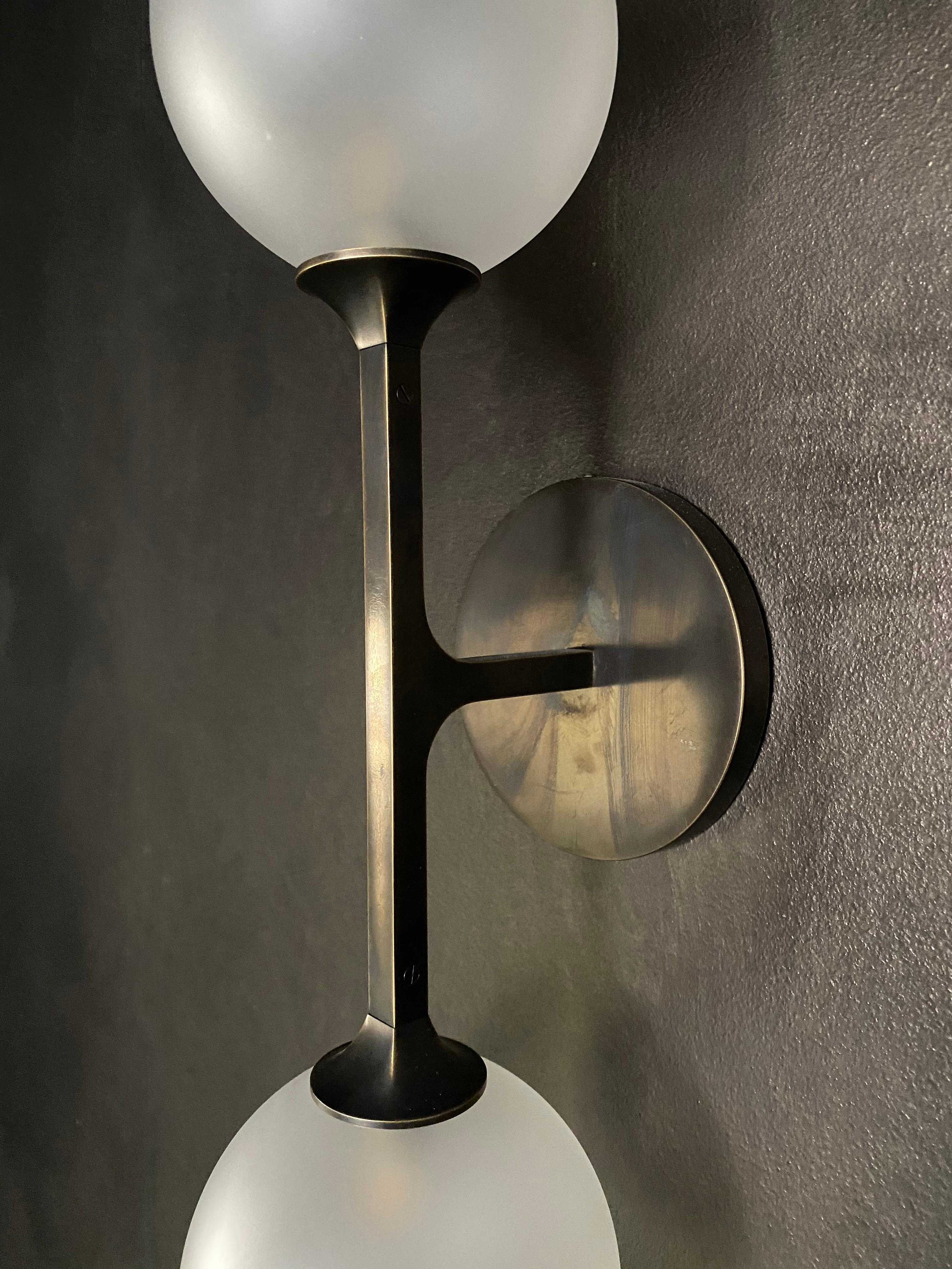 Modern Helix Double Sconce, Medium Patinated Brass and Frosted Hand Blown Glass