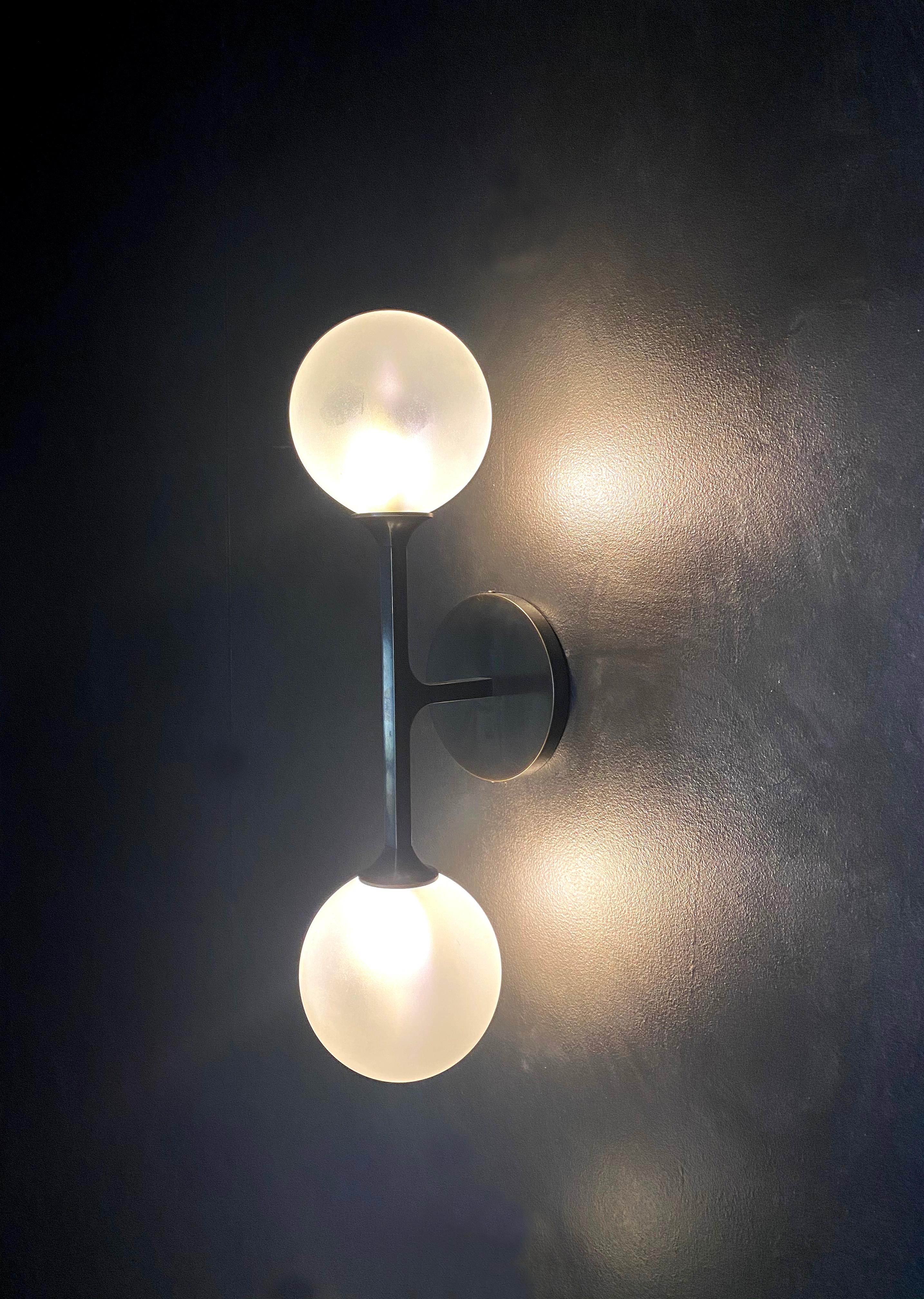 American Helix Double Sconce, Medium Patinated Brass and Frosted Hand Blown Glass