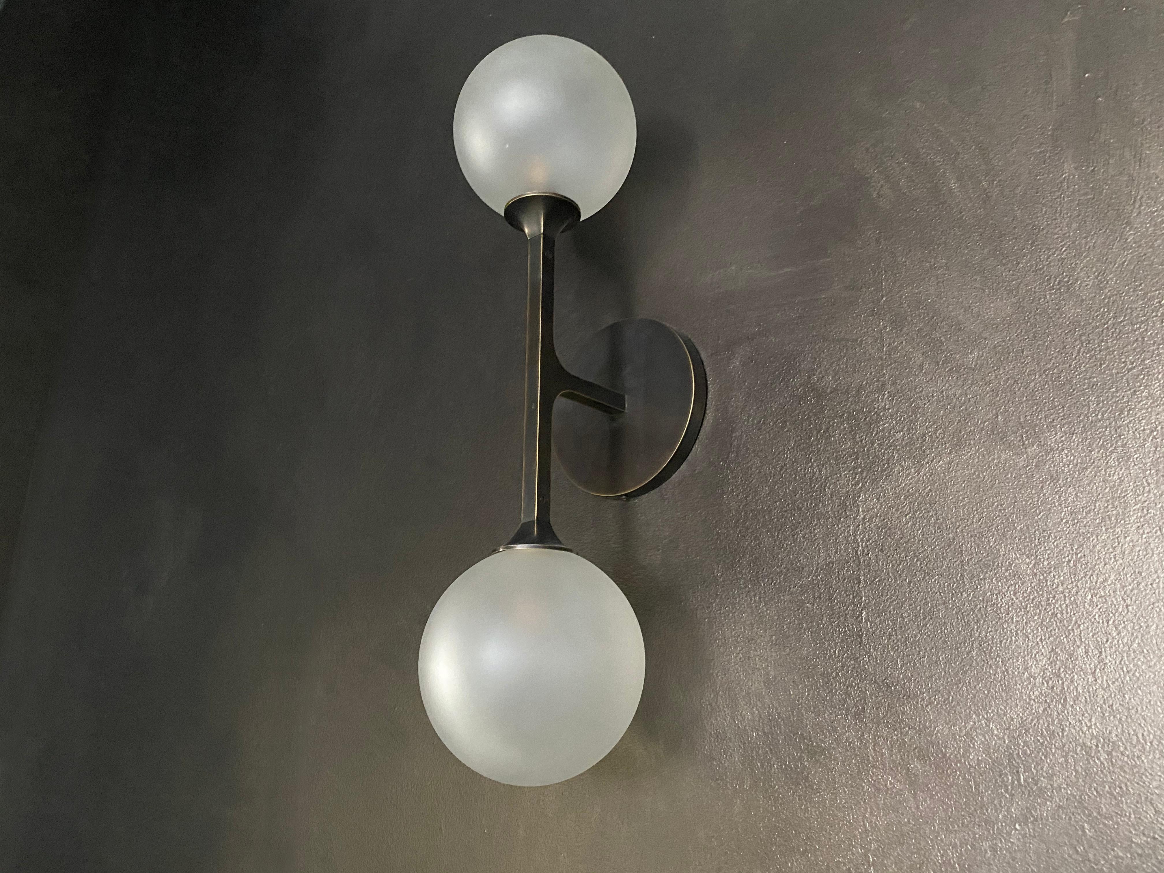 Helix Double Sconce, Medium Patinated Brass and Frosted Hand Blown Glass In Excellent Condition In NEW YORK, NY