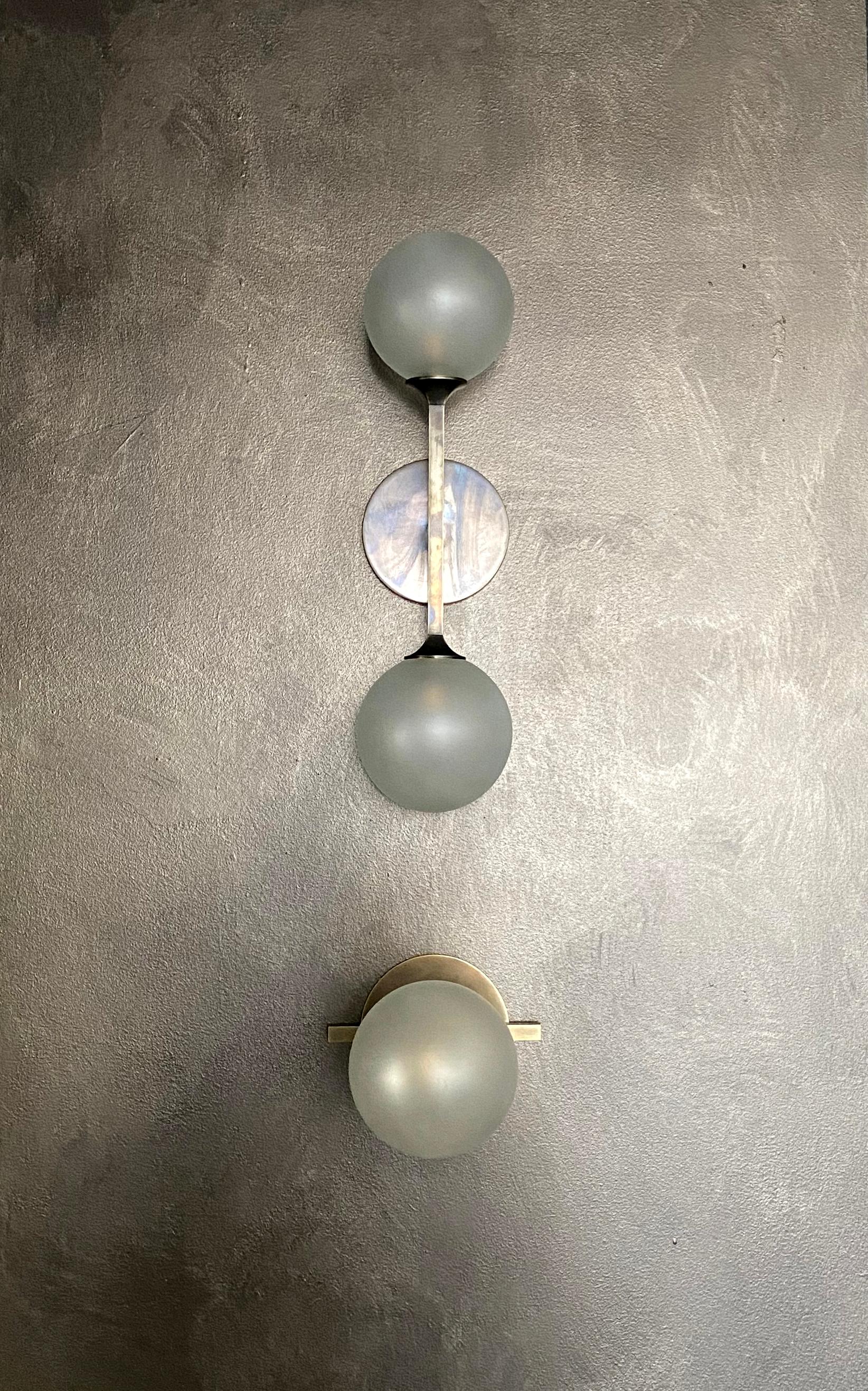 Contemporary Helix Double Sconce, Medium Patinated Brass and Frosted Hand Blown Glass
