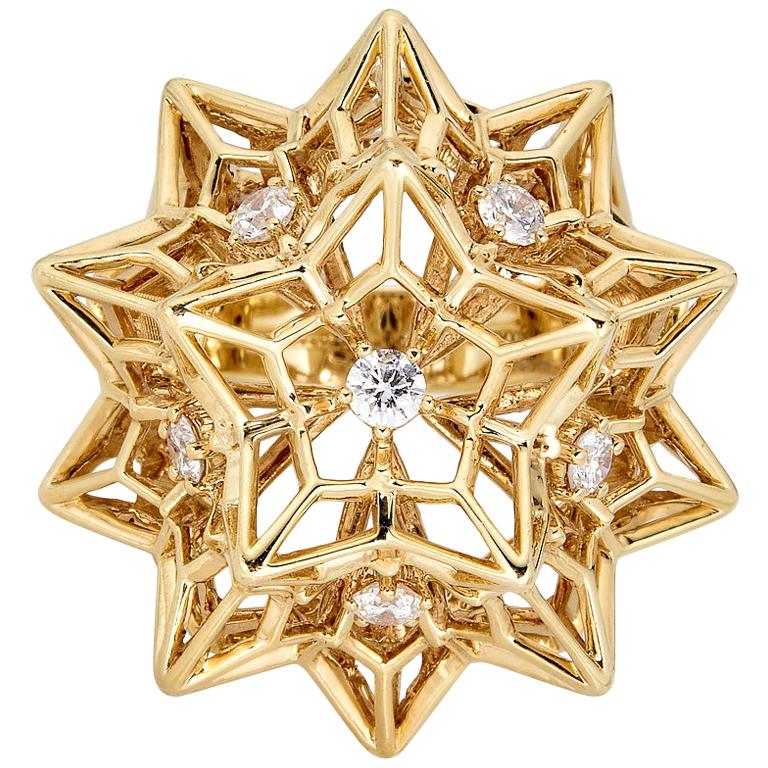 Helix Frame "Eye of God" 18 Karat Gold Ring with Center Diamond For Sale
