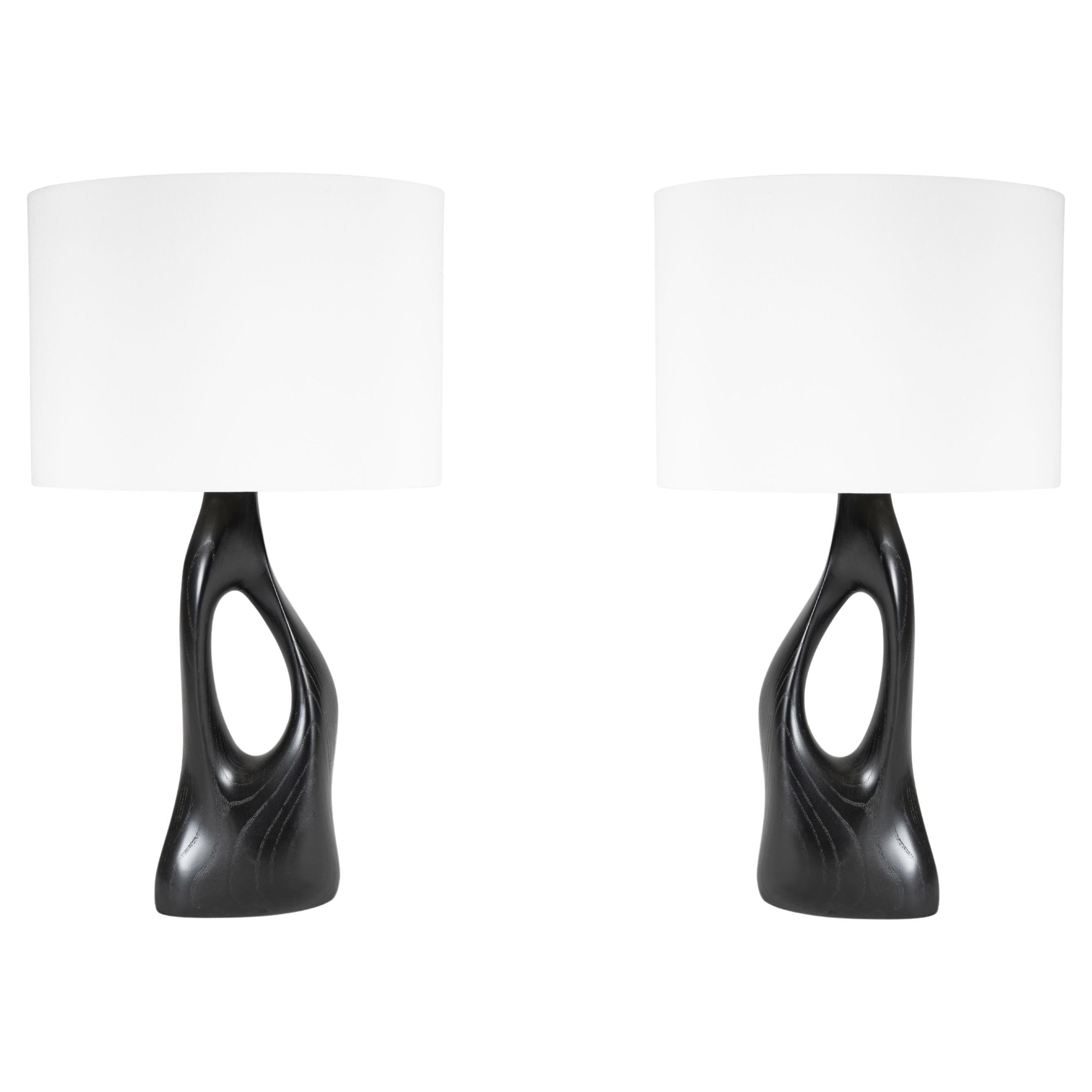 Helix table lamp, Ebony stain, Ash wood with Ivory silk drum shade by Amorph