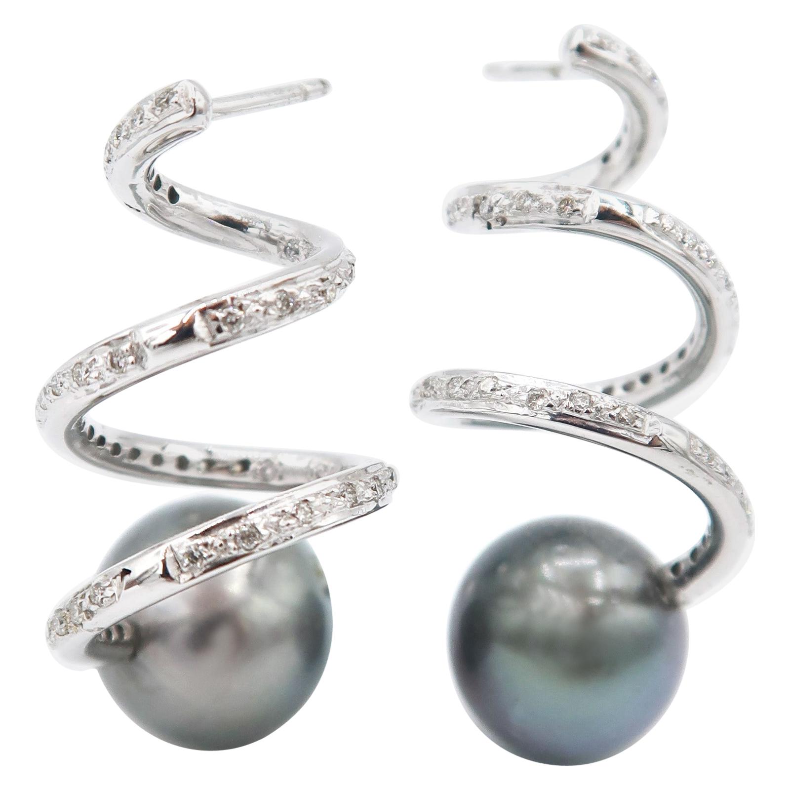 Helix Twirl Diamond Pavé Tahitian Pearl Tip 18 Karat White Gold Earrings
