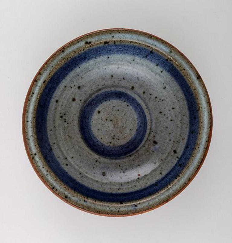 Scandinavian Modern Helle Alpass (1932-2000), Low Bowl of Glazed Stoneware in Beautiful Blue, Grey For Sale