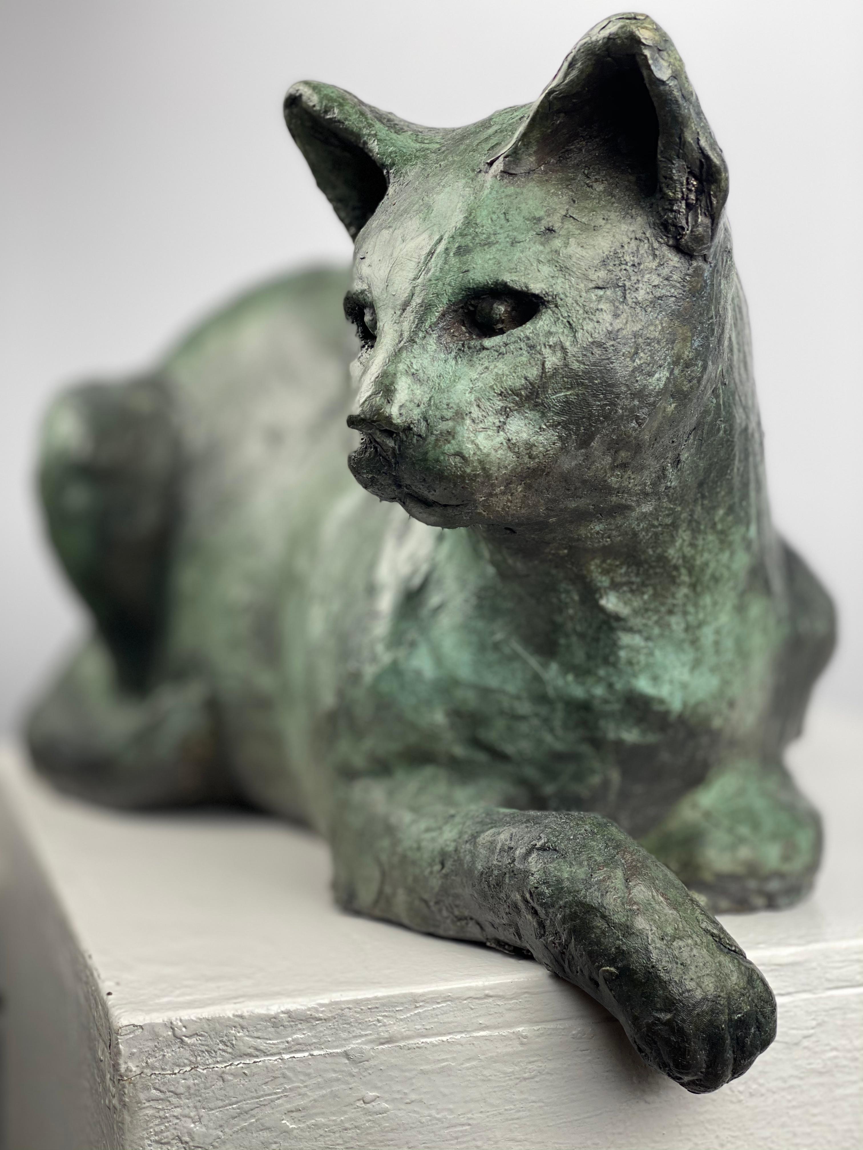 Guardain Cat by Helle Crawford, Contemporary bronze cat animal sculpture