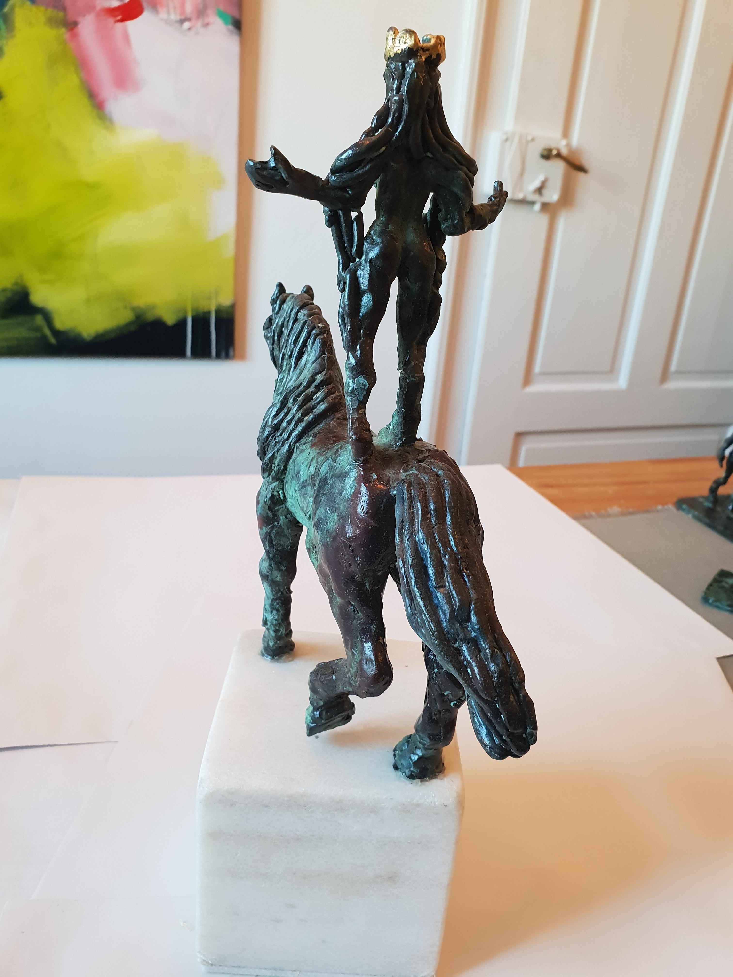 Horse Lady by Helle Crawford, Bronze sculpture of a horse carrying a woman - Contemporary Sculpture by Helle Rask Crawford