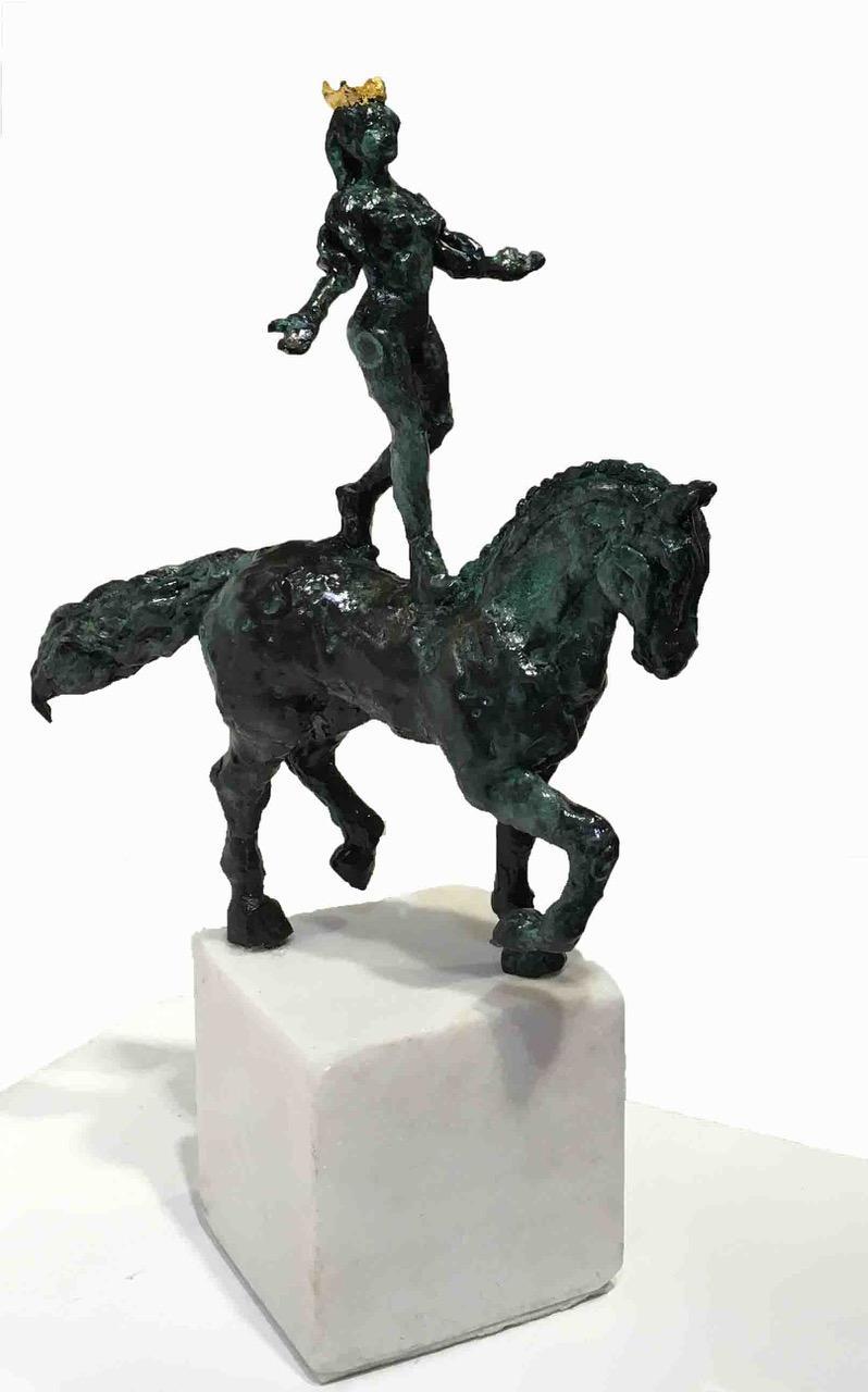 Helle Rask Crawford Figurative Sculpture - Horse Lady by Helle Crawford, Bronze sculpture of a horse carrying a woman