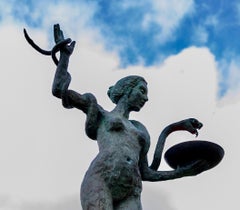Hygiea and Asklepios Snake by Helle Crawford, Contemporary bronze sculpture