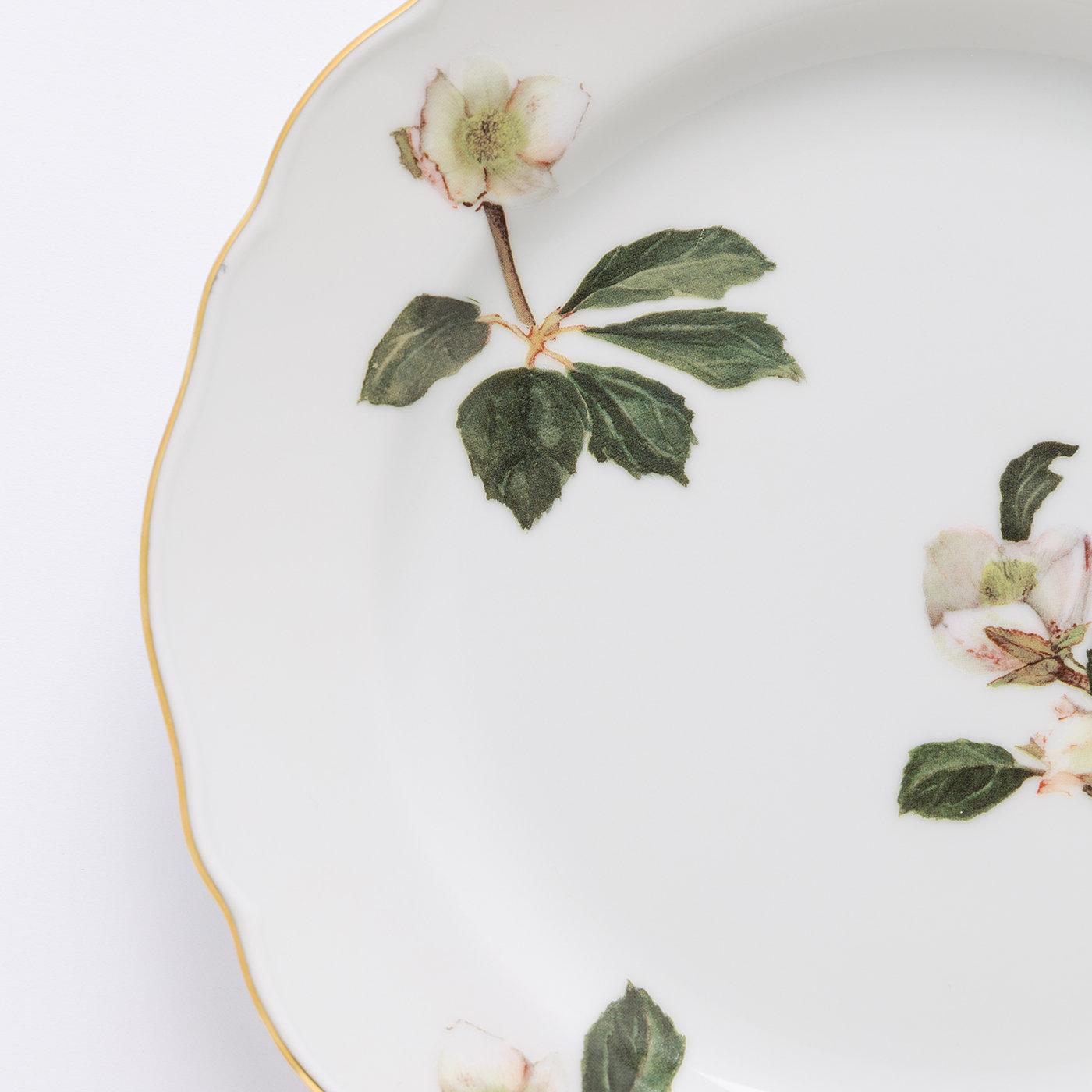 Striking in its delicacy, this set of four porcelain dinner plates belongs to the Helleborus Collection paying homage the charm of hellebores - commonly known as Christmas roses. A prized coating of 24K gold enhances the rim while complementing the