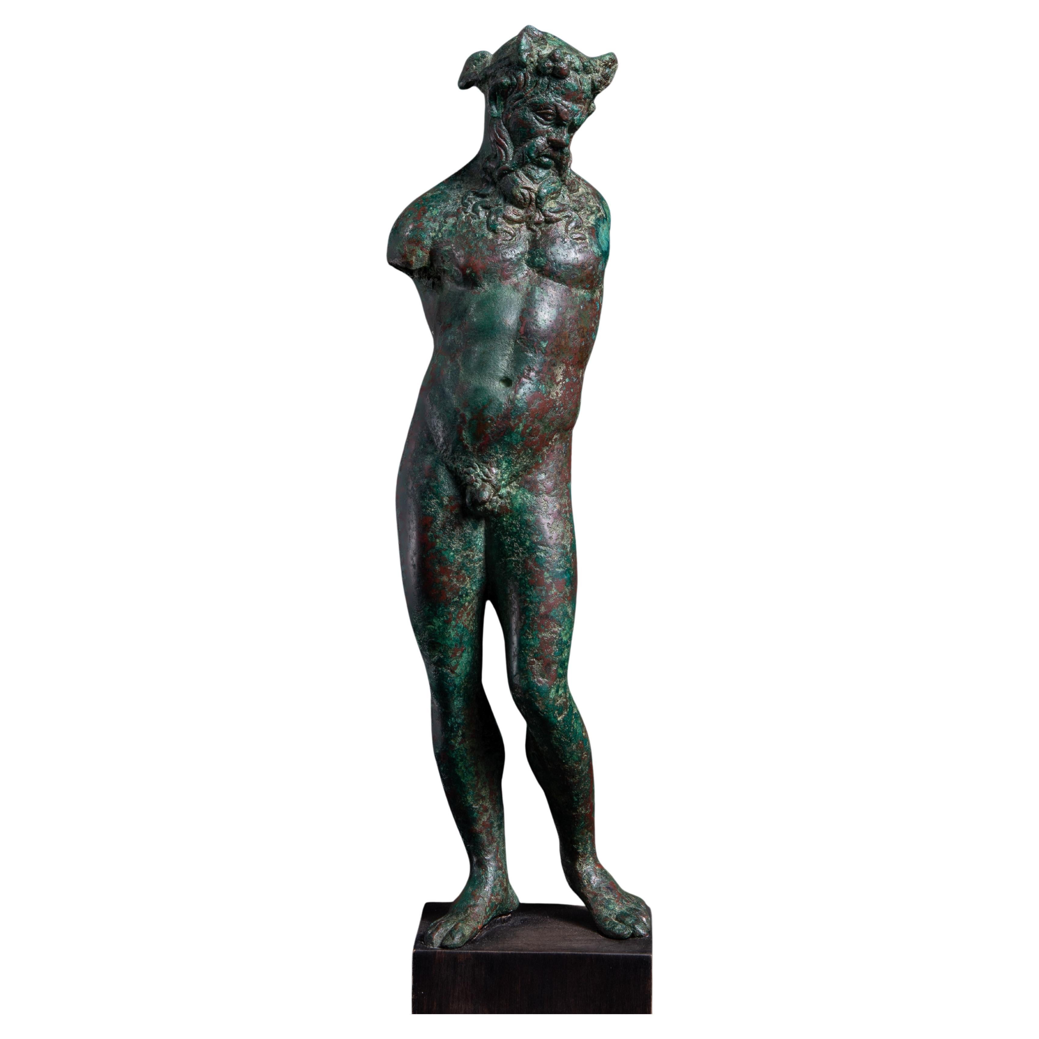 Hellenistic Bronze Statuette of Bearded Satyr For Sale