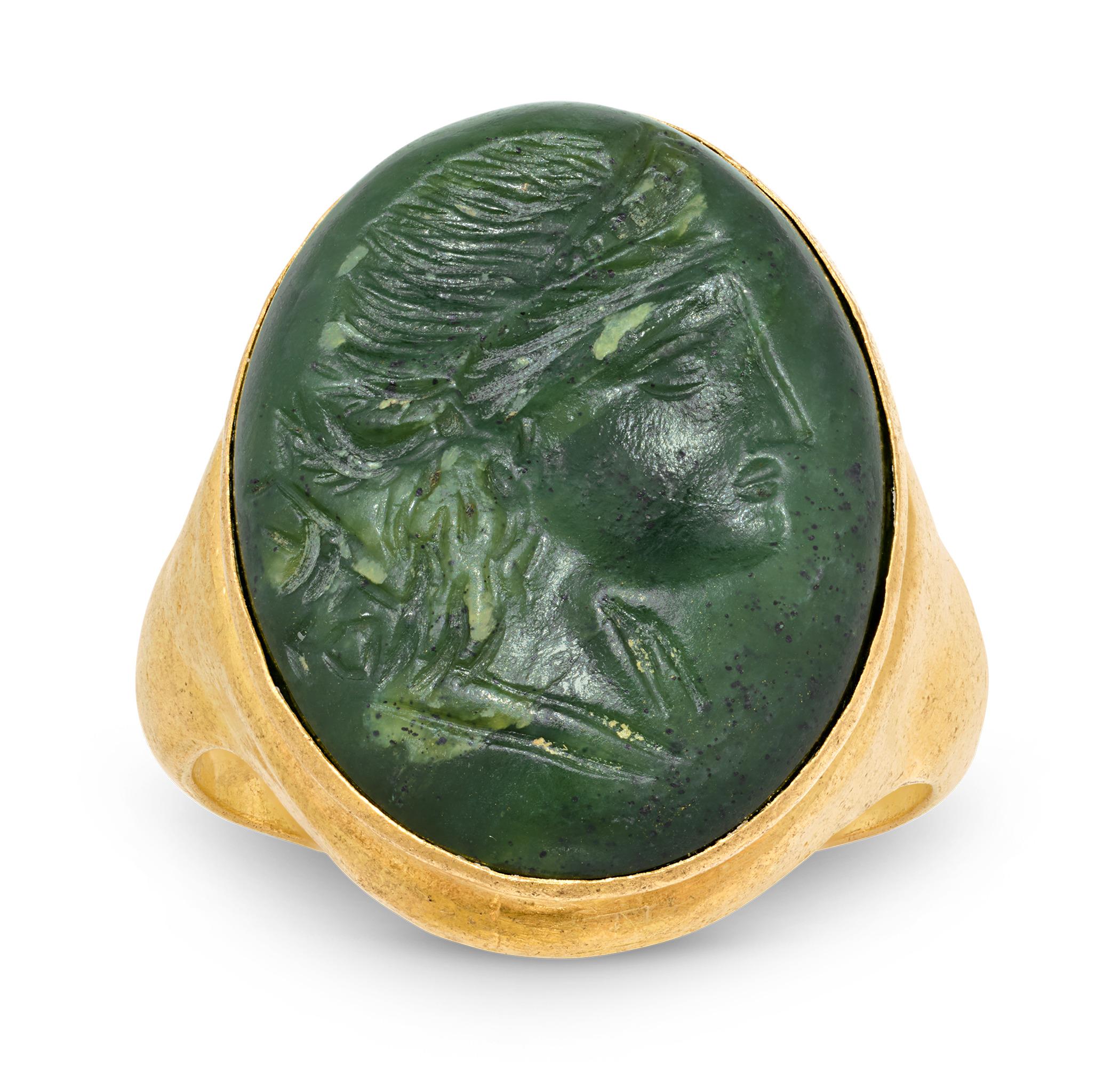Uncut Hellenistic Jade Intaglio Ring with Aphrodite For Sale