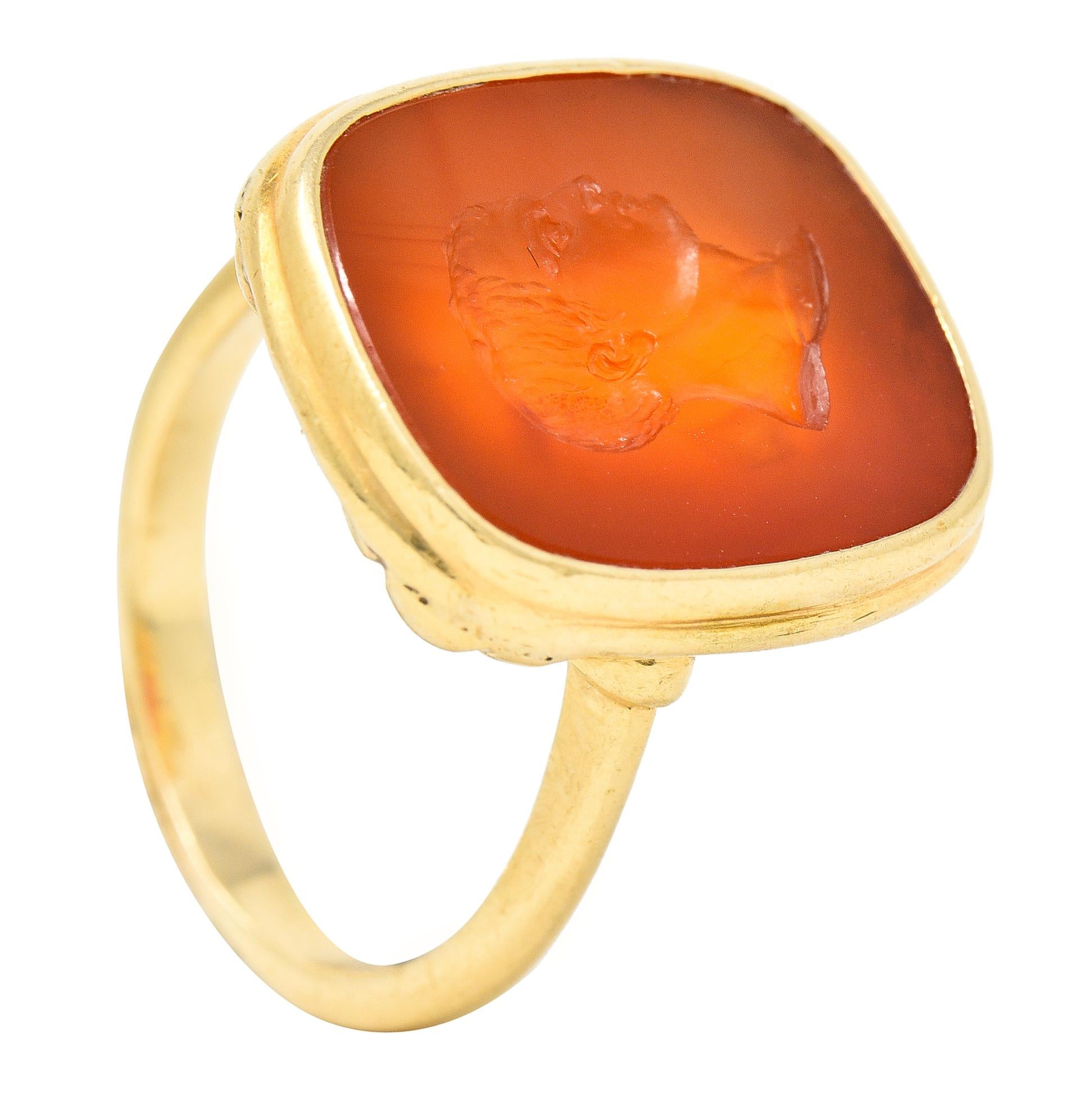Hellenistic Victorian Carnelian Intaglio 14 Karat Yellow Gold Julius Caesar Ring 2