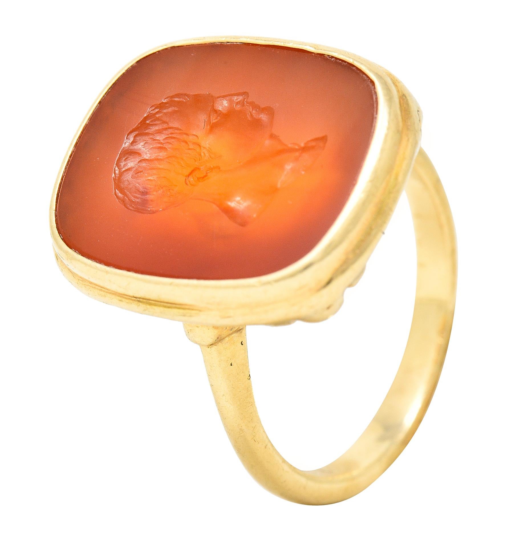 Women's or Men's Hellenistic Victorian Carnelian Intaglio 14 Karat Yellow Gold Julius Caesar Ring