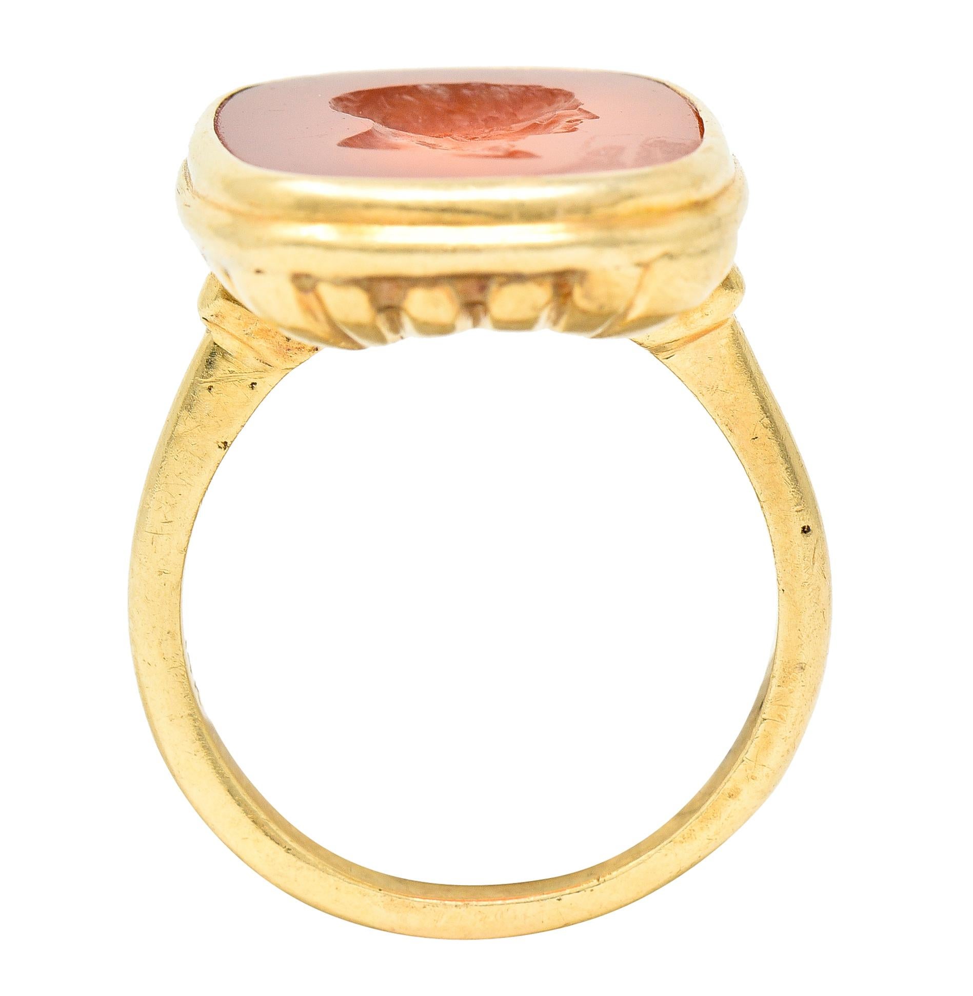 Hellenistic Victorian Carnelian Intaglio 14 Karat Yellow Gold Julius Caesar Ring 1