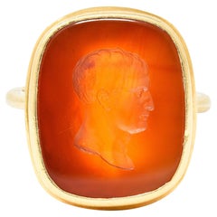 Hellenistic Victorian Carnelian Intaglio 14 Karat Yellow Gold Julius Caesar Ring