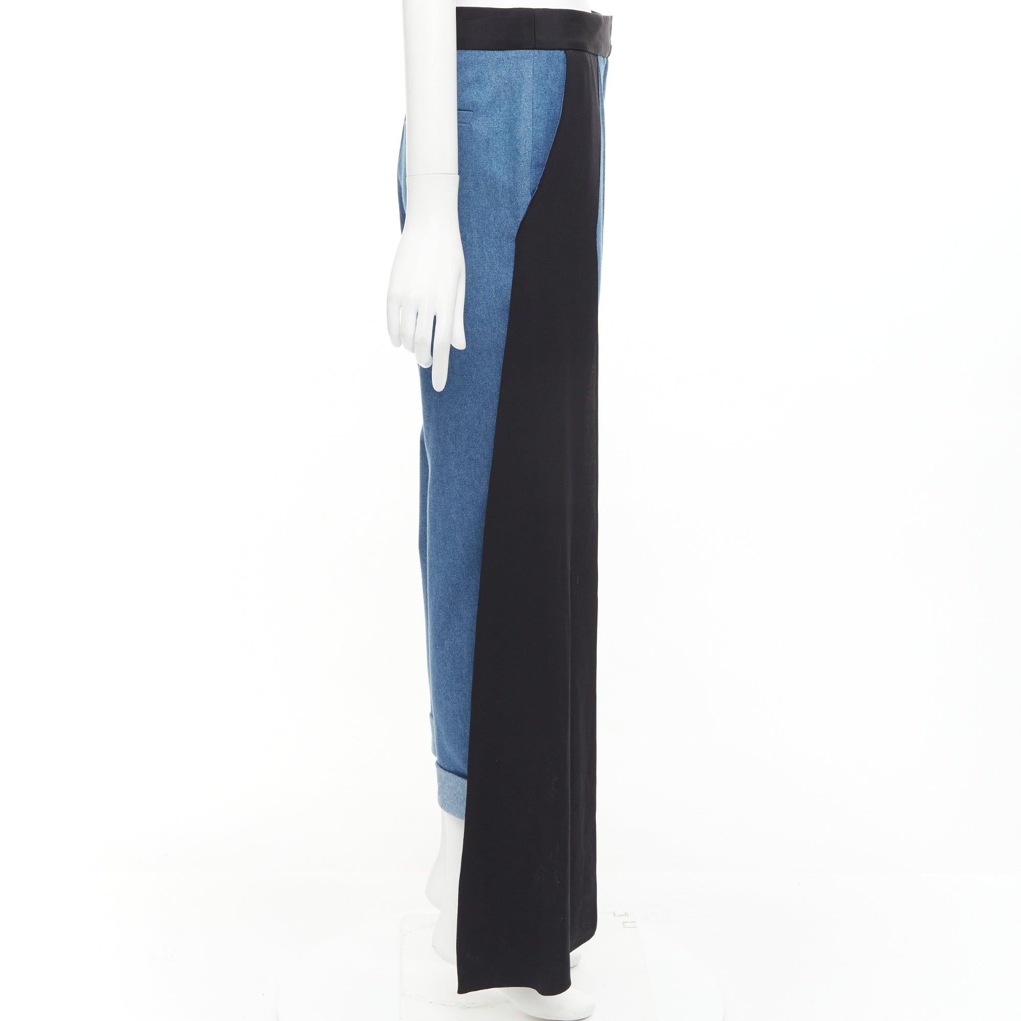 HELLESSY Jagger blue denim black silk panels deconstructed cropped pants US2 S In Excellent Condition For Sale In Hong Kong, NT