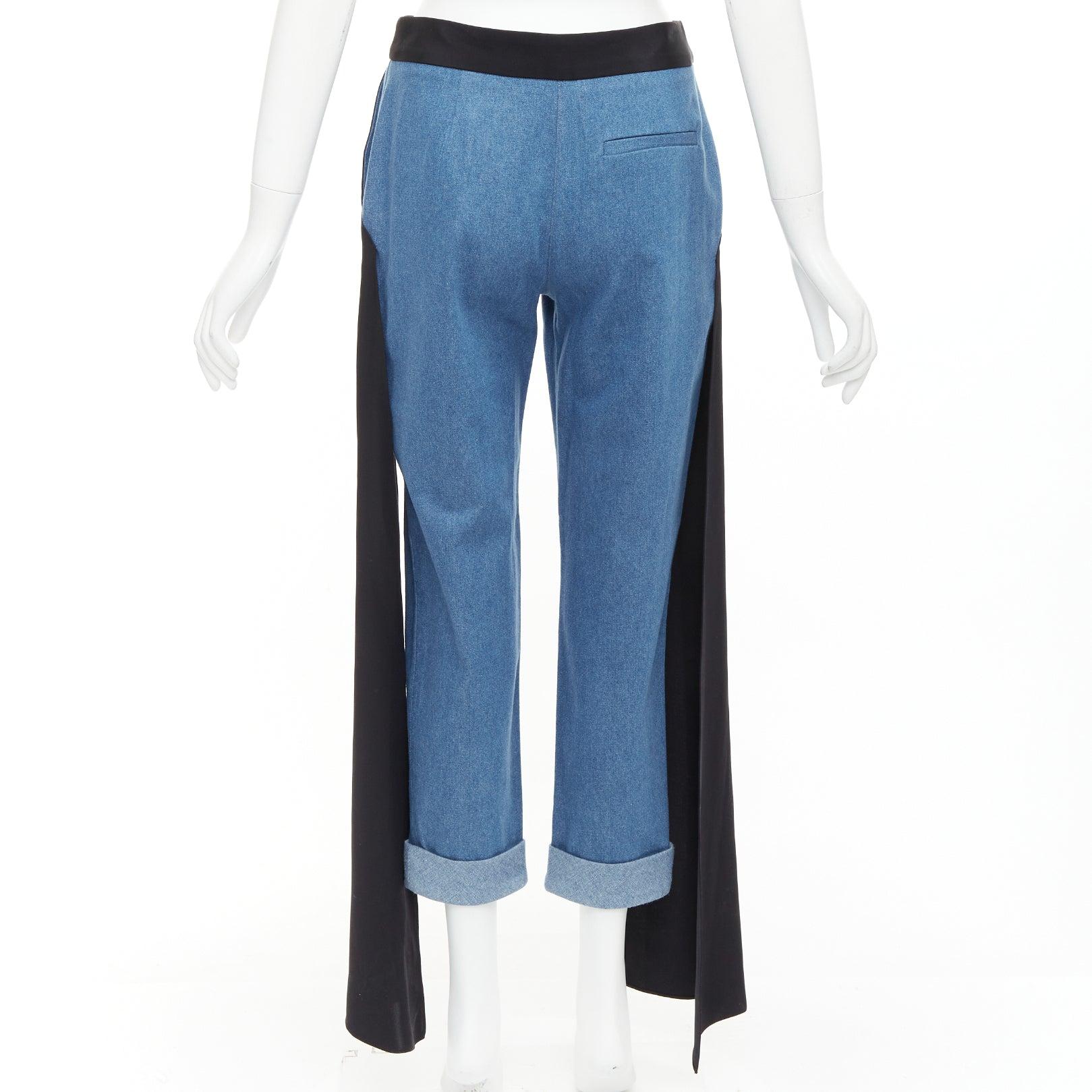 Women's HELLESSY Jagger blue denim black silk panels deconstructed cropped pants US2 S For Sale