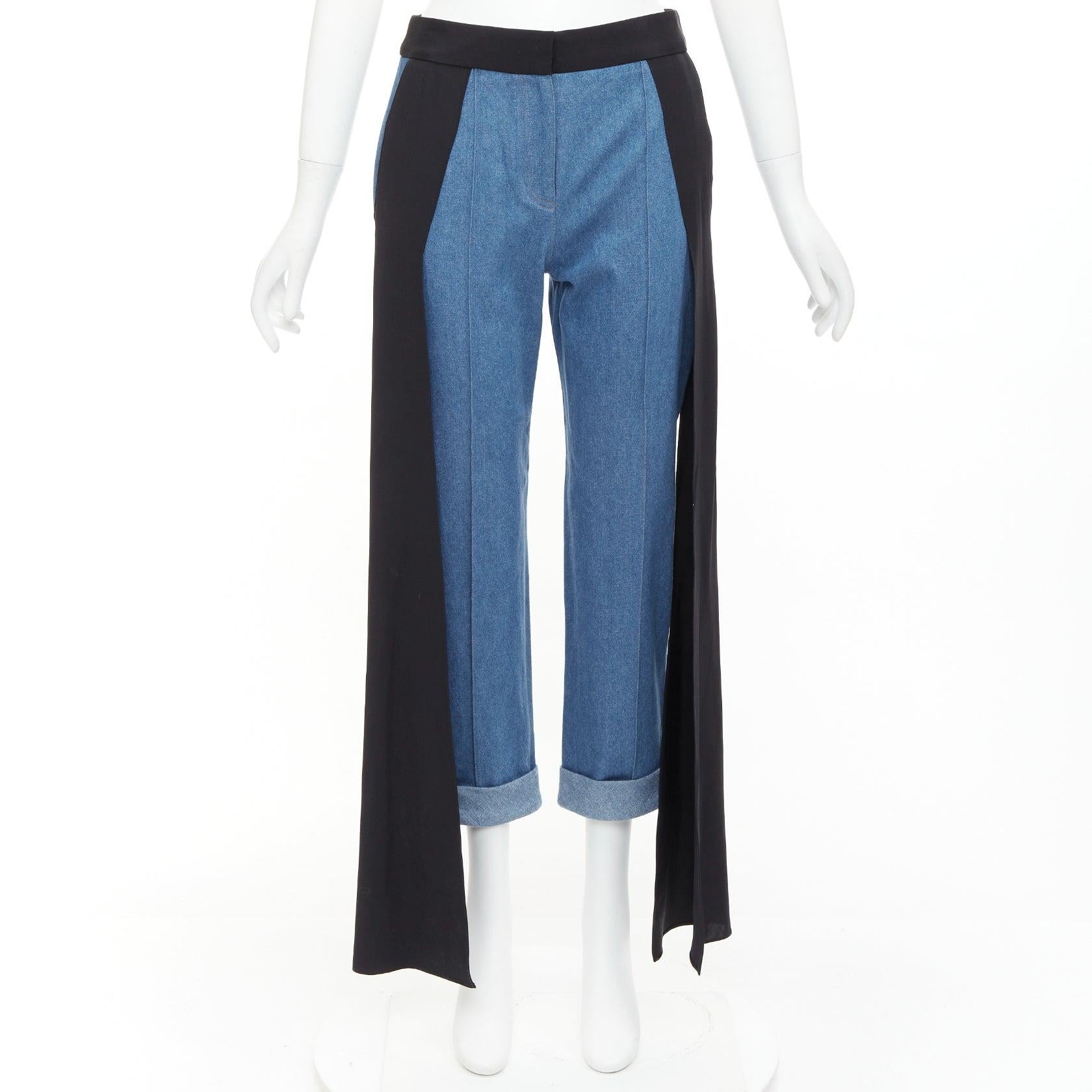 HELLESSY Jagger blue denim black silk panels deconstructed cropped pants US2 S For Sale 4