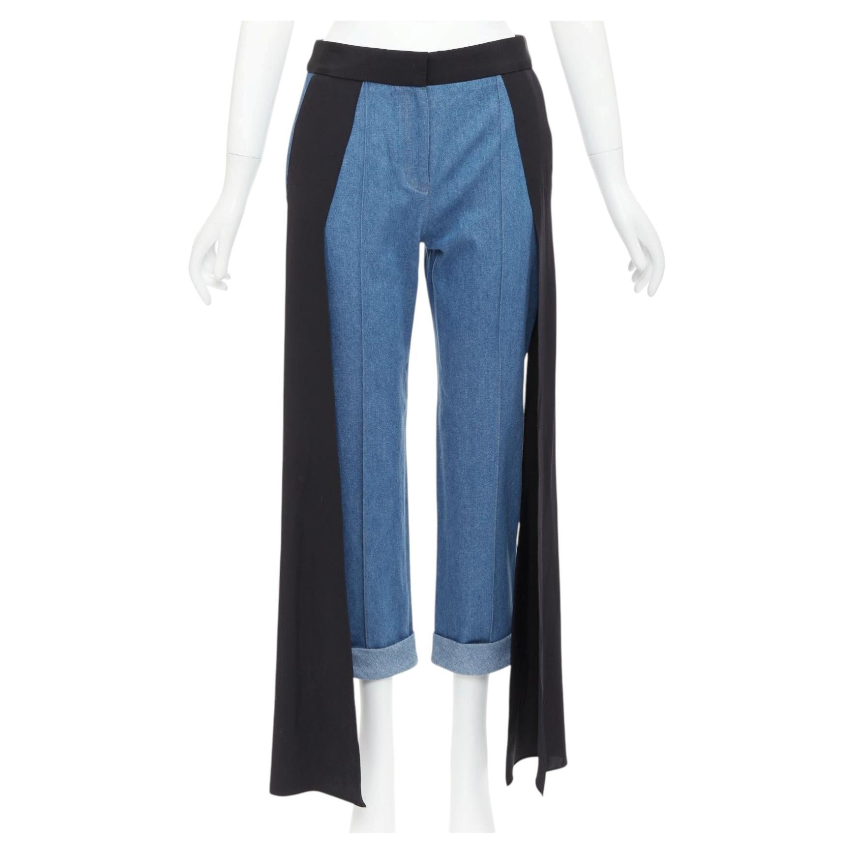 HELLESSY Jagger blue denim black silk panels deconstructed cropped pants US2 S For Sale