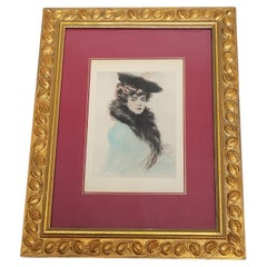 Antique Helleu, Watercolor Lithograph, Portrait of Mme Chéruit, Early 20th Century