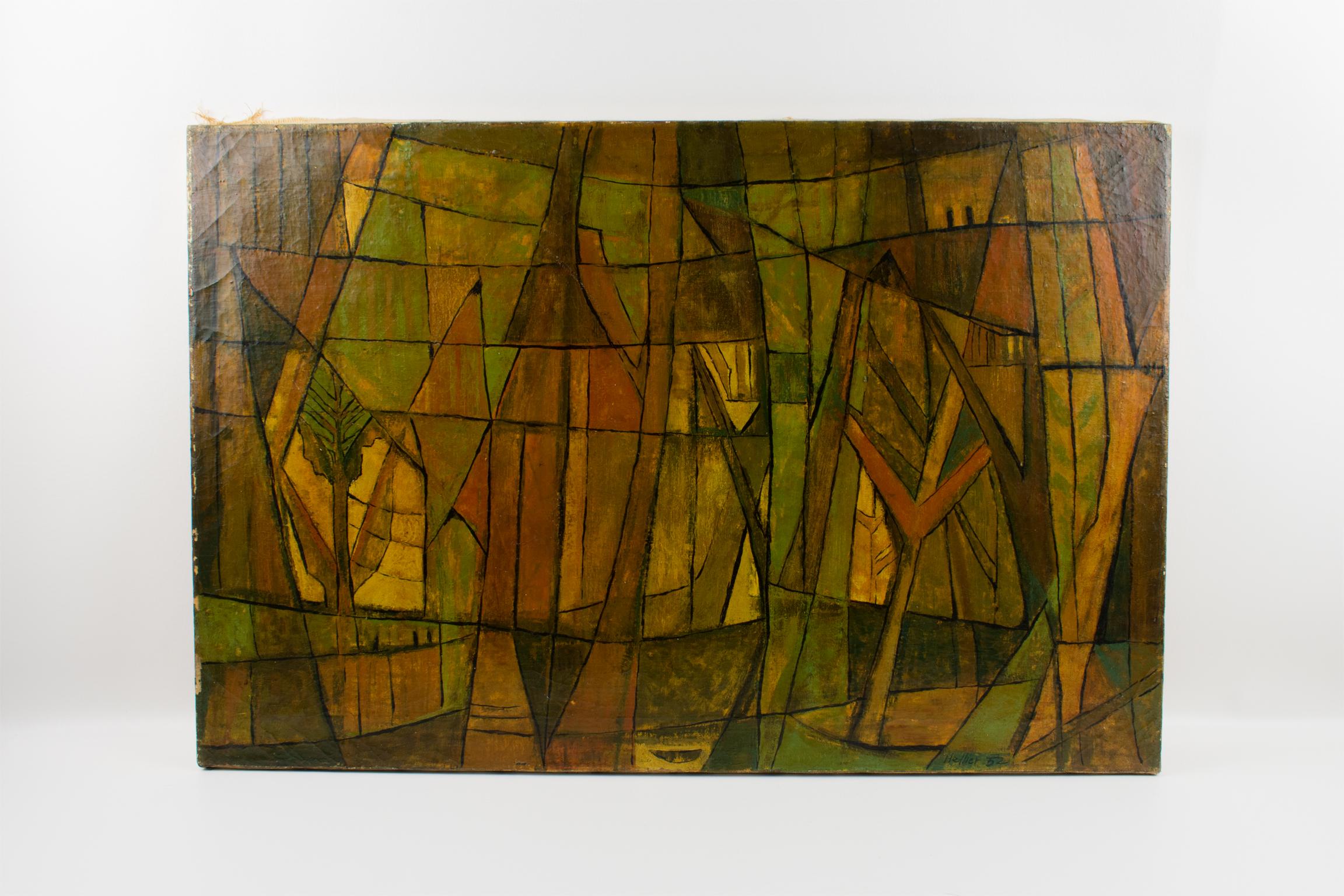 Pintura abstracta postcubista al óleo sobre lienzo de Hellier en venta 13