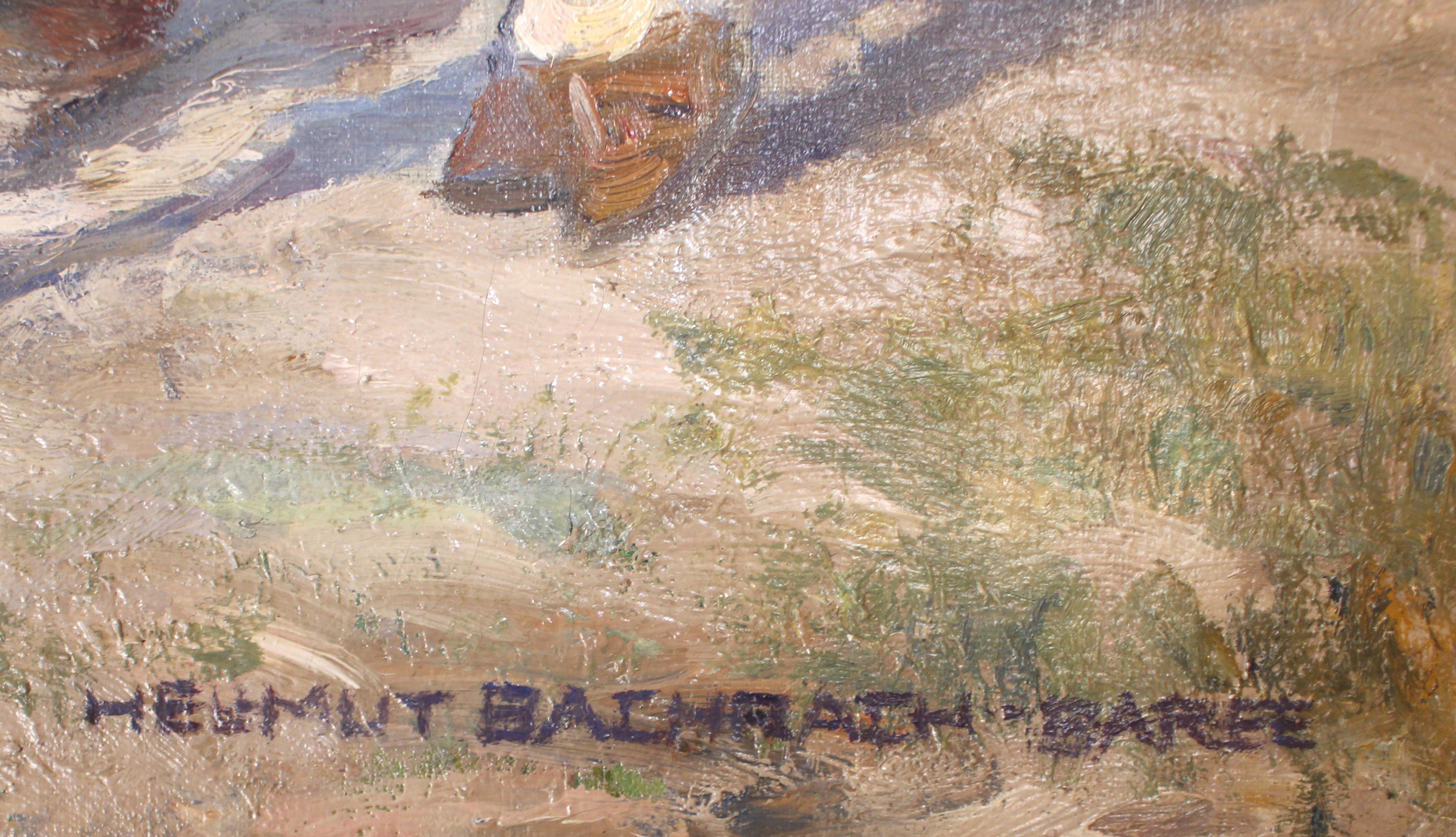 Eine ländliche Szene, die von einem Mann und drapierten Pferden mit impressionistischen Schleifen lebendig wird (Impressionismus), Painting, von Hellmuth Bachrach Baree