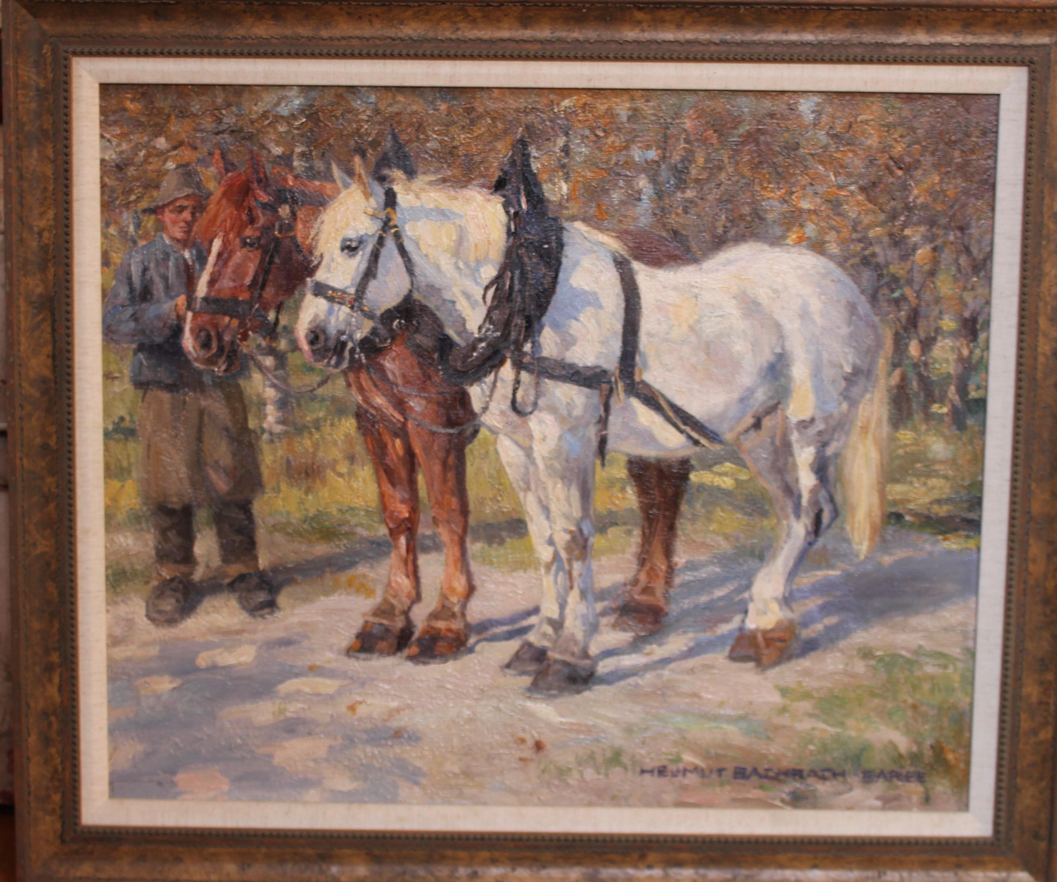 Hellmuth Bachrach Baree Animal Painting – Eine ländliche Szene, die von einem Mann und drapierten Pferden mit impressionistischen Schleifen lebendig wird