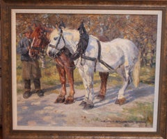 Vintage A Rural Scene Comes Alive of a Man and Draft Horses with Impressionist Strokes