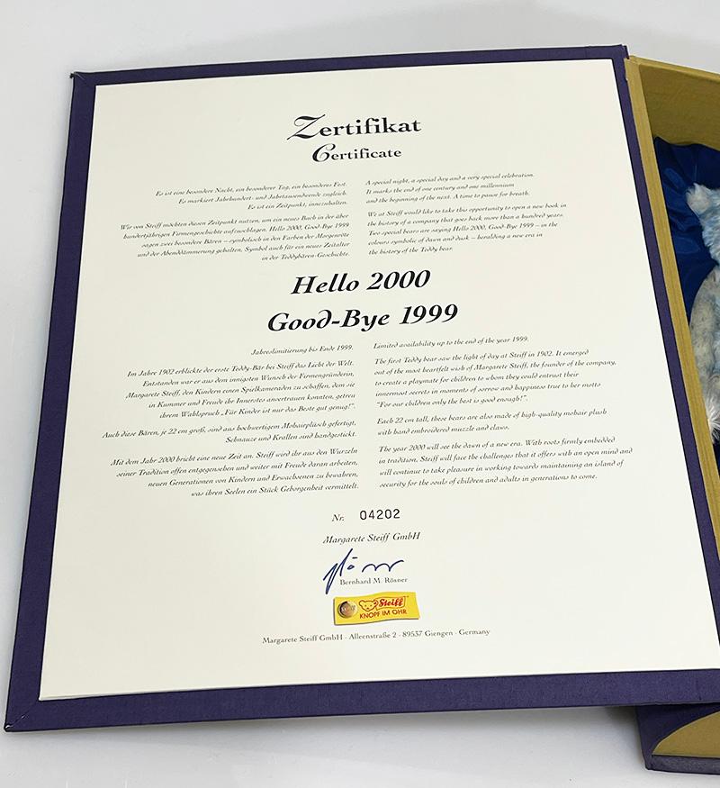 Mohair Hello 2000 Good-Bye 1999, boxed bears, Steiff Limited Edition 1999 For Sale
