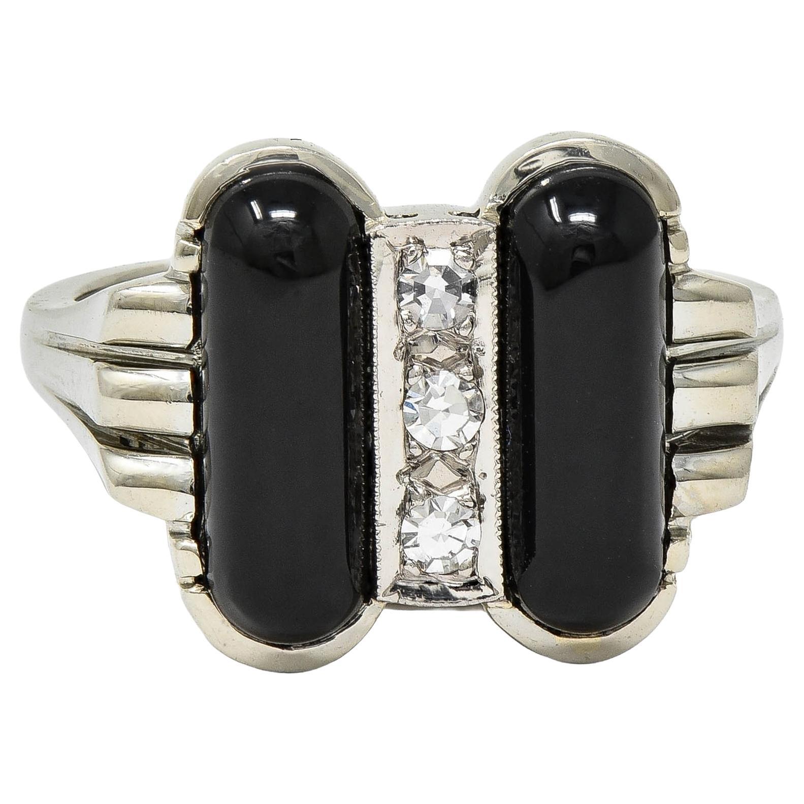 Helm & Hahn Co. Mid-Century Diamond Onyx 18 Karat White Gold Vintage Ring