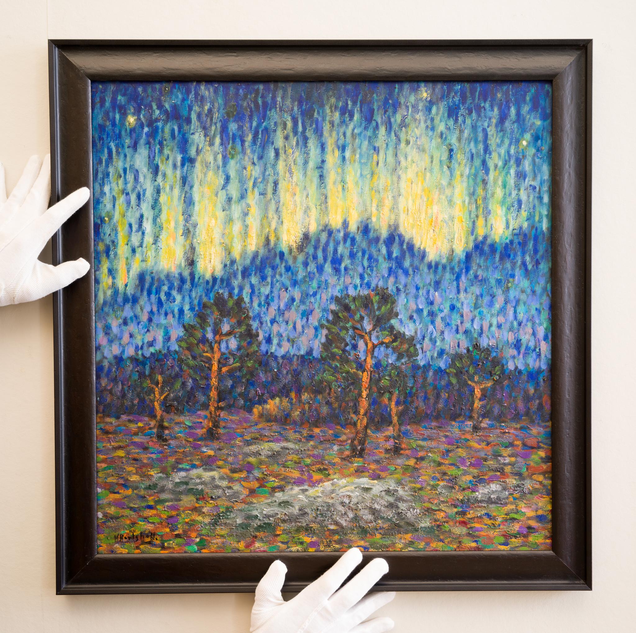 Norrsken (Aurora Boreale) è un dipinto vibrante in stile puntinista con pennellate brevi, creato dall'artista Helmer Hertzhoff intorno al 1940. Hertzhoff, nato nel 1873 e scomparso nel 1958, era un maestro nel catturare la bellezza eterea della