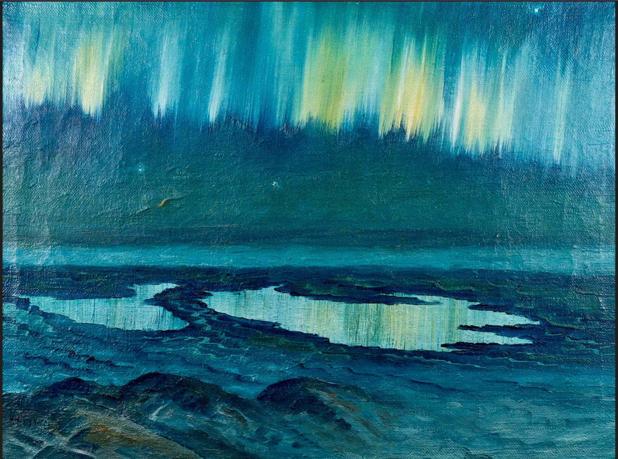 Aurora Boreal reflejándose sobre dos lagos de montaña - Painting de Helmer Hertzhoff