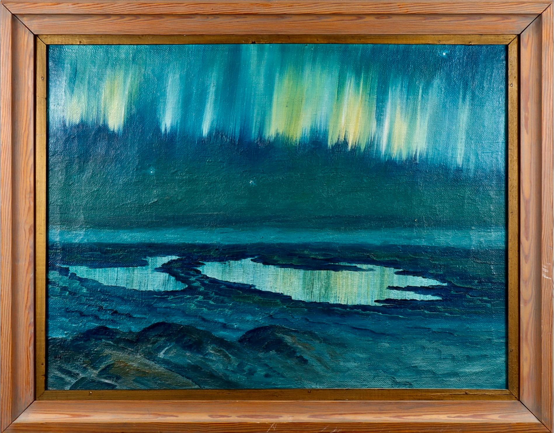 Aurora Boreal reflejándose sobre dos lagos de montaña - Landscape Painting Azul de Helmer Hertzhoff